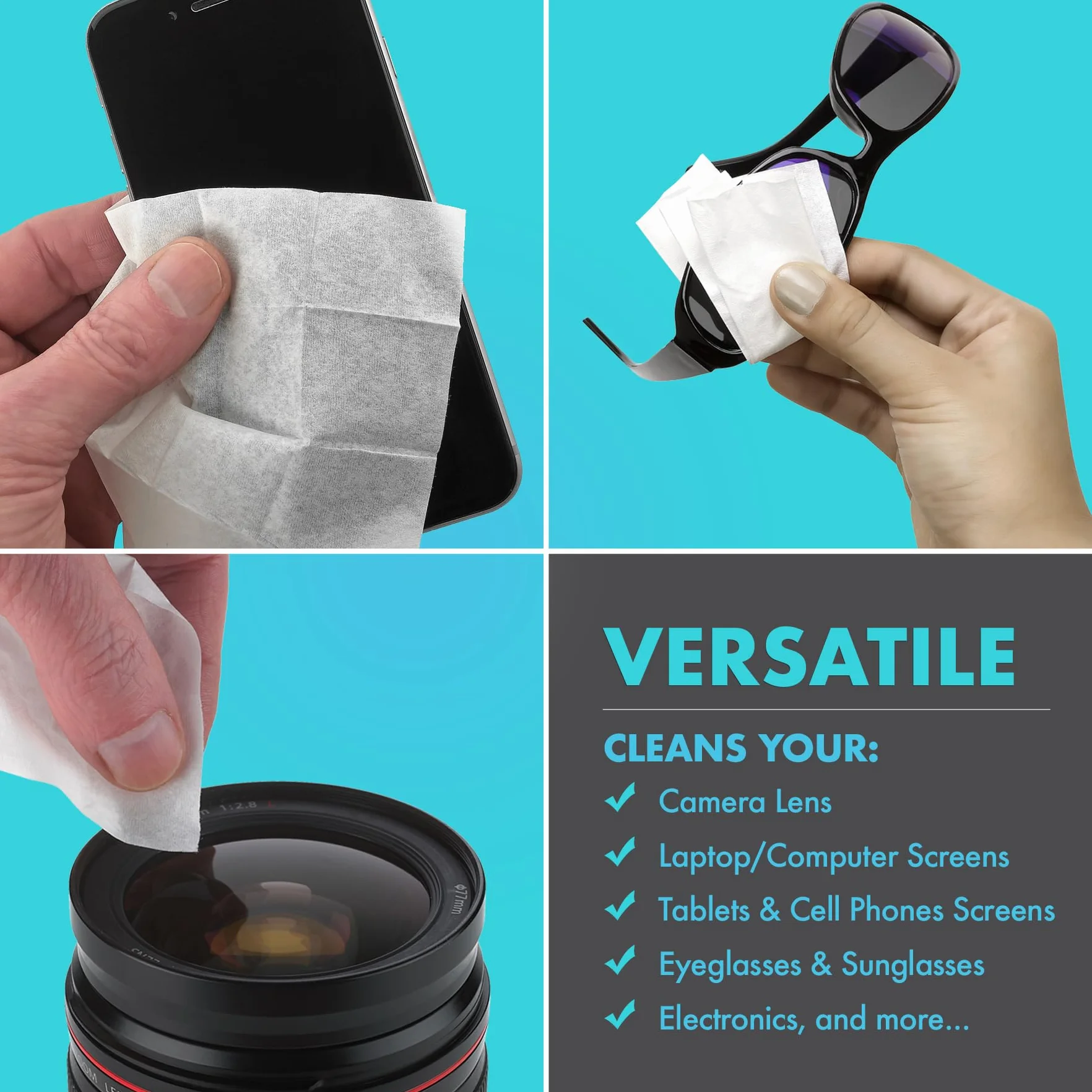 Salviette Pulizia Lenti Occhiali - [Confezione 210 Pezzi] Panni Detergenti Inumiditi Confezionati Singolarmente per Telefoni Schermi Tablet Fotocamere Elettronica, Obiettivi Fotografici Ottica