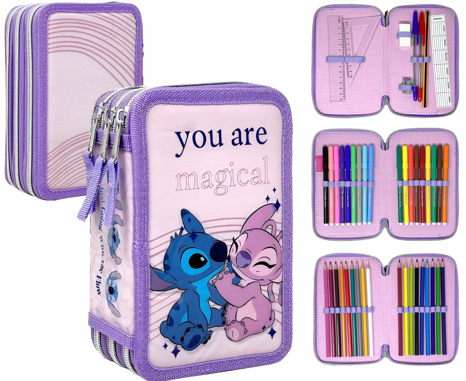 Clondo Astuccio 3 Scomparti 3D Bambini Stitch Angel Fan 44 Accessori Scuola Elementare 20 cm