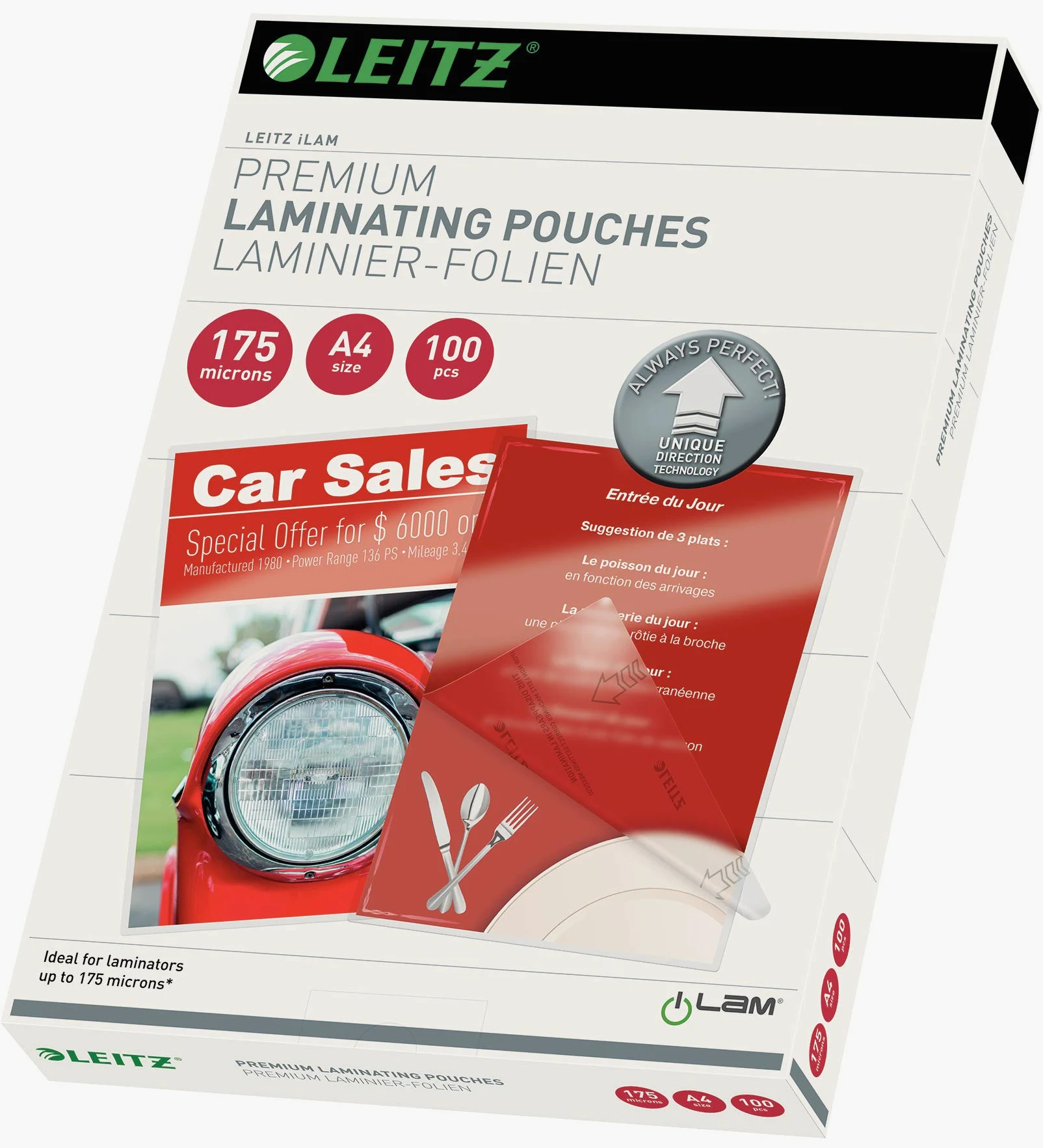 Leitz Pouch per la Plastificazione a caldo con Tecnologia UDT (Unique Direction Technology), Formato A4 , Spessore 2x175 micron, 100 pezzi, 74830000