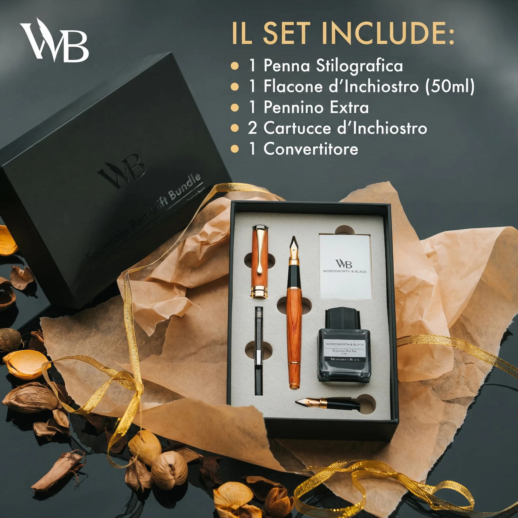 Wordsworth & Black's Set di Penne Stilografiche Lusso Legno di Bambù Pennino Medio Pennino Extra Fine Custodia Regalo Boccetta di Inchiostro Nero da 25ML 6 Cartucce di Inchiostro [Legno di Ciliegio]