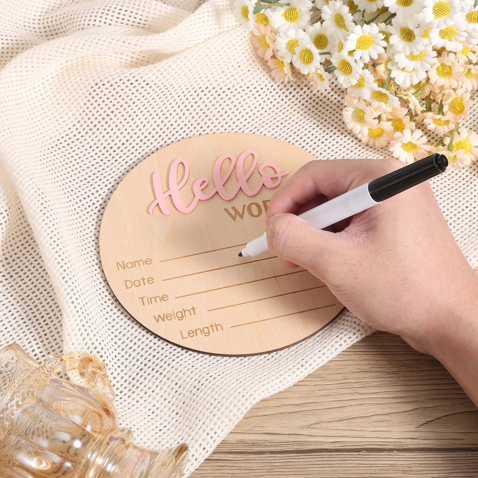 Cartello di Annuncio del Neonato in Legno 15 cm con Scritta Hello World Rosa Chiaro per Baby Shower