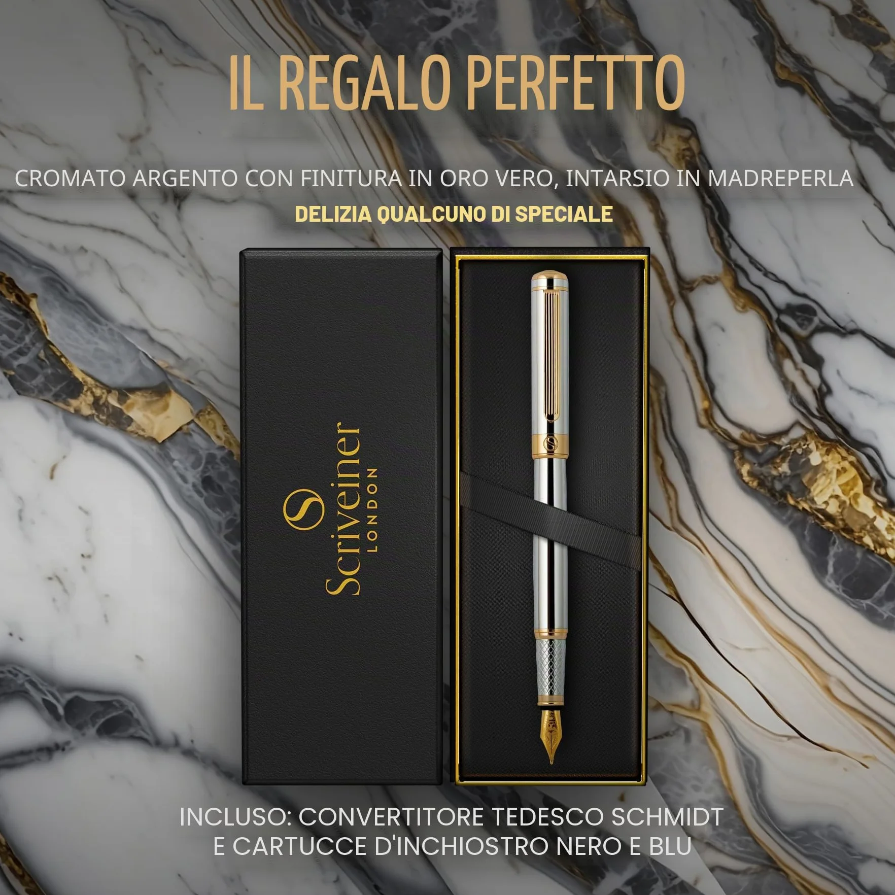 Scriveiner Penna stilografica qualità premium con finitura in Placcato in Vero Oro, Penninoi medio, argento cromato
