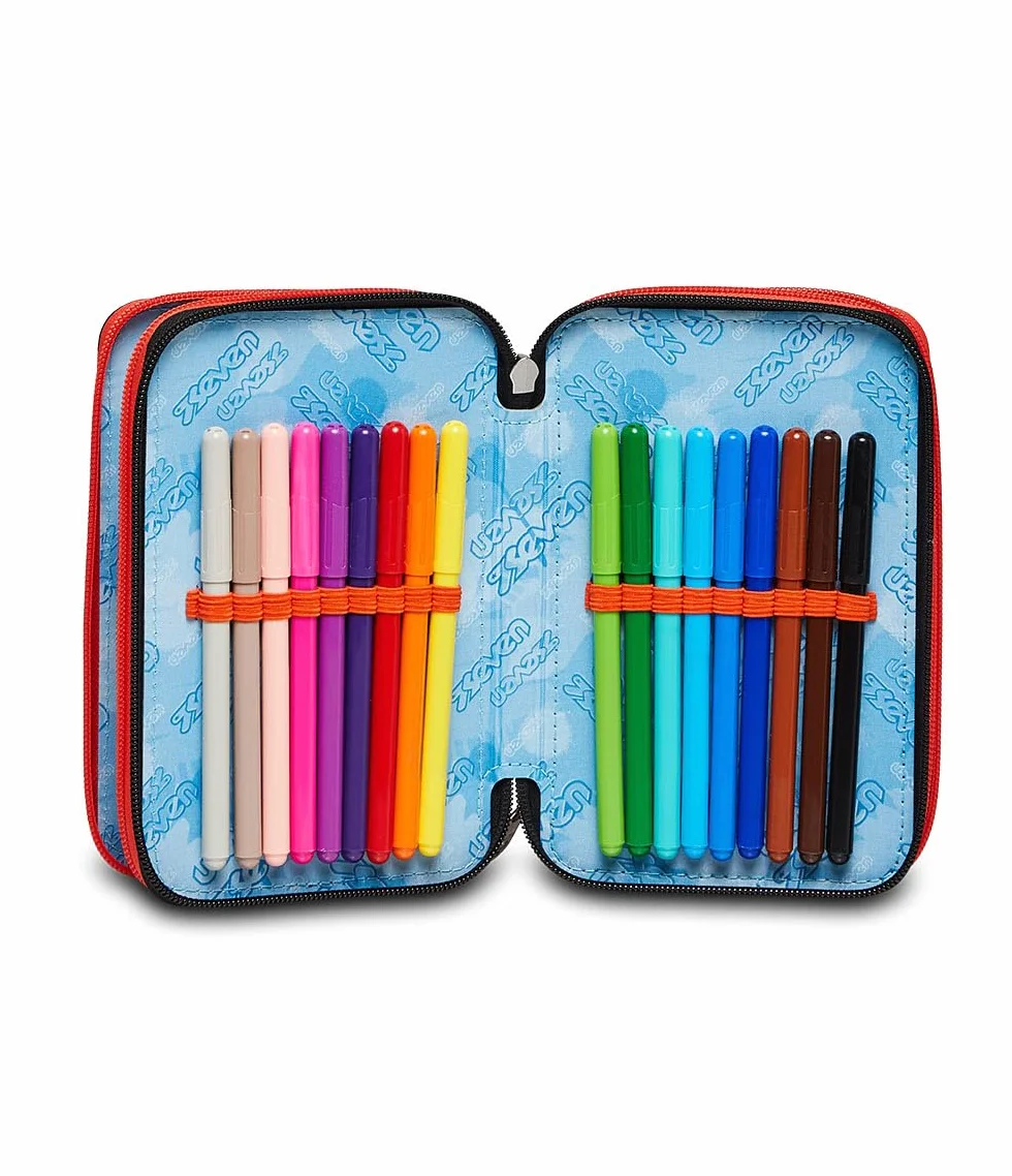 Seven Astuccio Scuola Elementare, 3 scomparti, Medie, con Matite, Pennarelli, Penne, 3 Zip, Fluo Stamp, Bambino e Ragazzo, blu/arancione