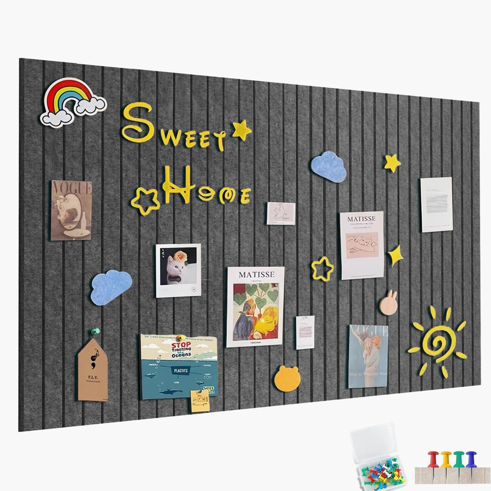 Bacheca in feltro, autoadesiva, in feltro, 120 x 90 cm, con 60 spille, decorazione da parete per ufficio, cucina, foto, memo, grigio scuro
