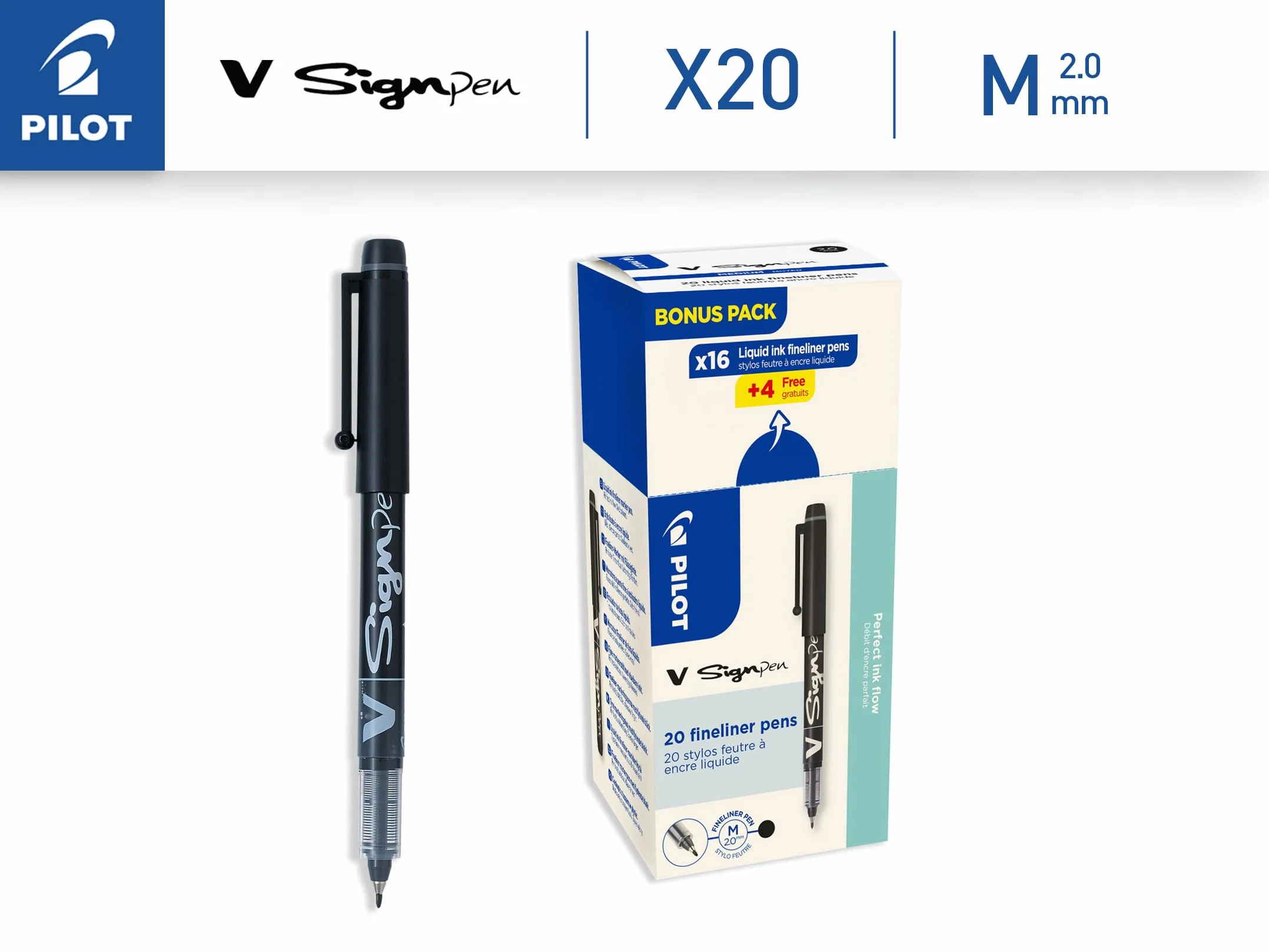 PILOT - Set di 20 V-Sign Pen - Pennarelli da Scrittura con Inchiostro Liquido - Tratto Fluido e Preciso - Inchiostro Luminoso ad Asciugatura Rapida - Nero - Punta Media