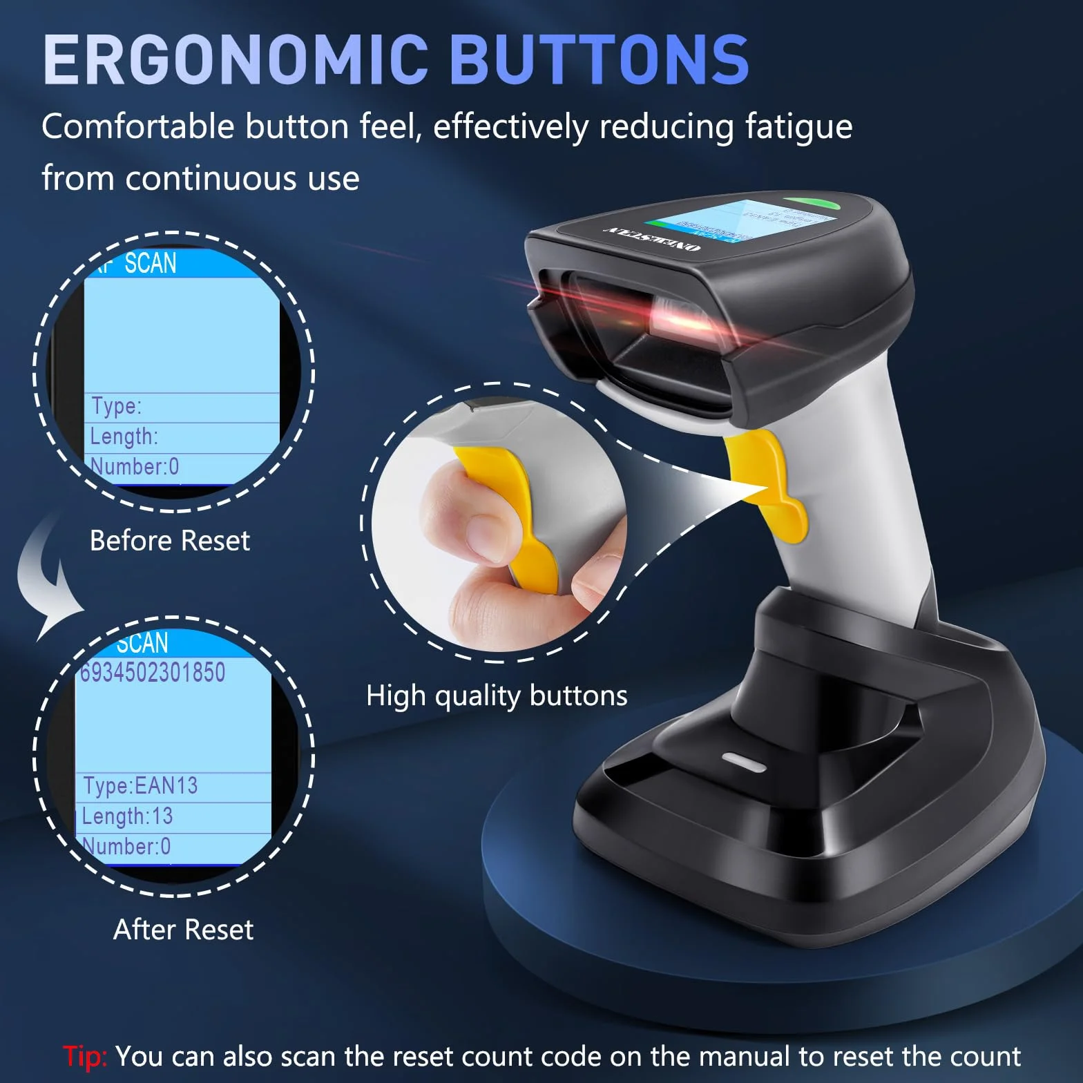 Scanner per codici a barre 2D wireless, scanner di codici a barre palmare scanner per codici a barre con base 2 in 1 connessione USB cablata e lettore di codici a barre automatico a matrice di dati