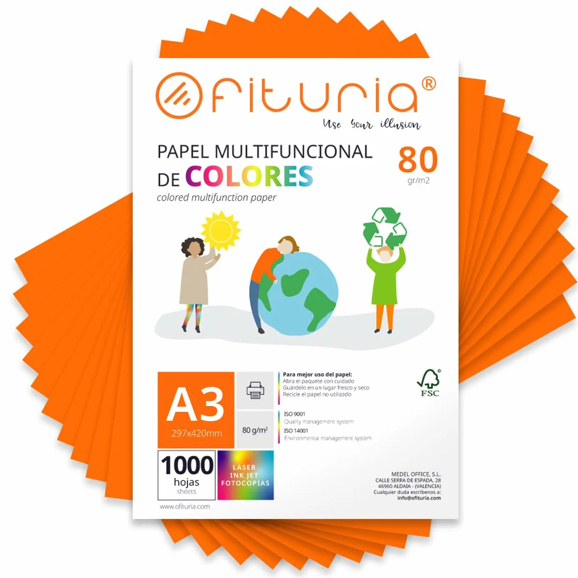 OFITURIA Fogli colorati, Confezione da 1000 Fogli A3 80 g – Carta colorata per hobby creativi, stampante, scrapbooking – Fogli colorati (Arancione, 1000 fogli)