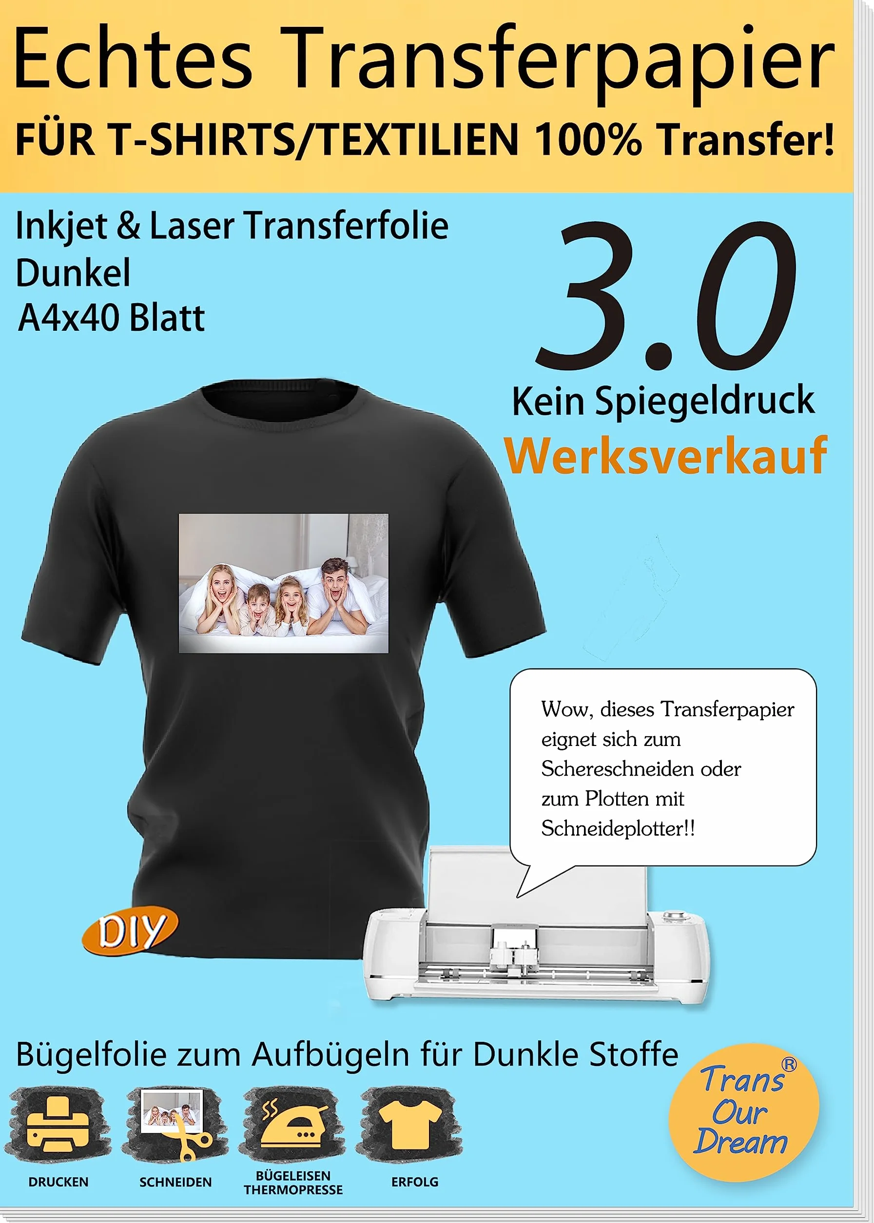TransOurDream Vera pellicola di trasferimento laser, per tessuti scuri, DIN A4 x 40 fogli, carta per stampante laser/inkjet per magliette scure (3-3.0-40)