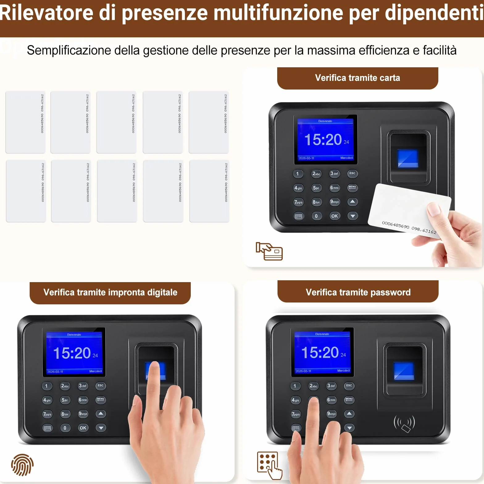 Orologio Marcatempo Biometrico per Piccole Imprese – 3-in-1: Lettore Impronte Digitali, Badge RFID (10 Inclusi), Codice PIN – Timbratrice Presenze Dipendenti senza WiFi, 0 Spese Mensili