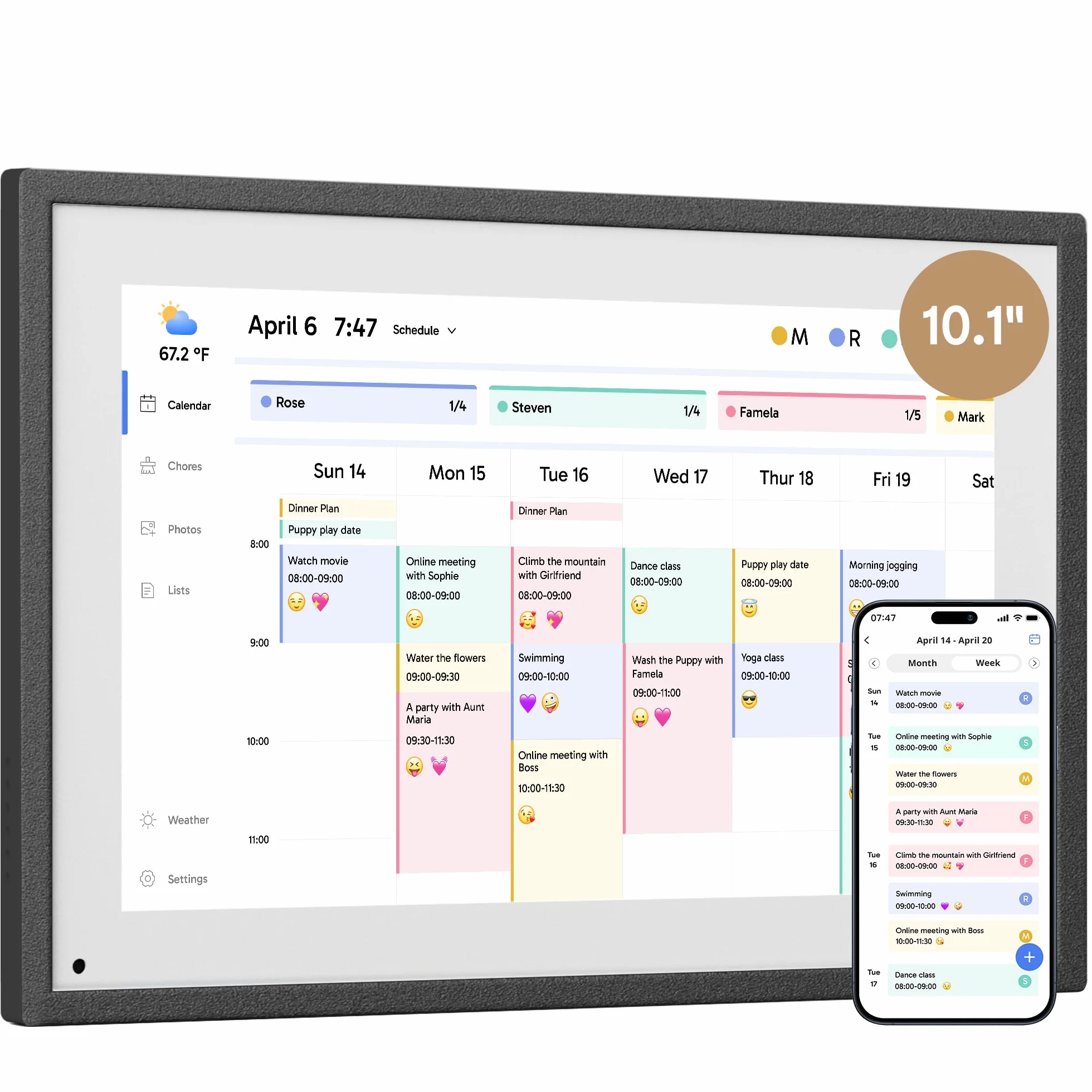 Dragon Touch Calendario, calendario digitale 2025 da 10,1 pollici, agenda da parete per la famiglia, touchscreen interattivo Full HD 1080p, grafico intelligente delle faccende e organizzazione