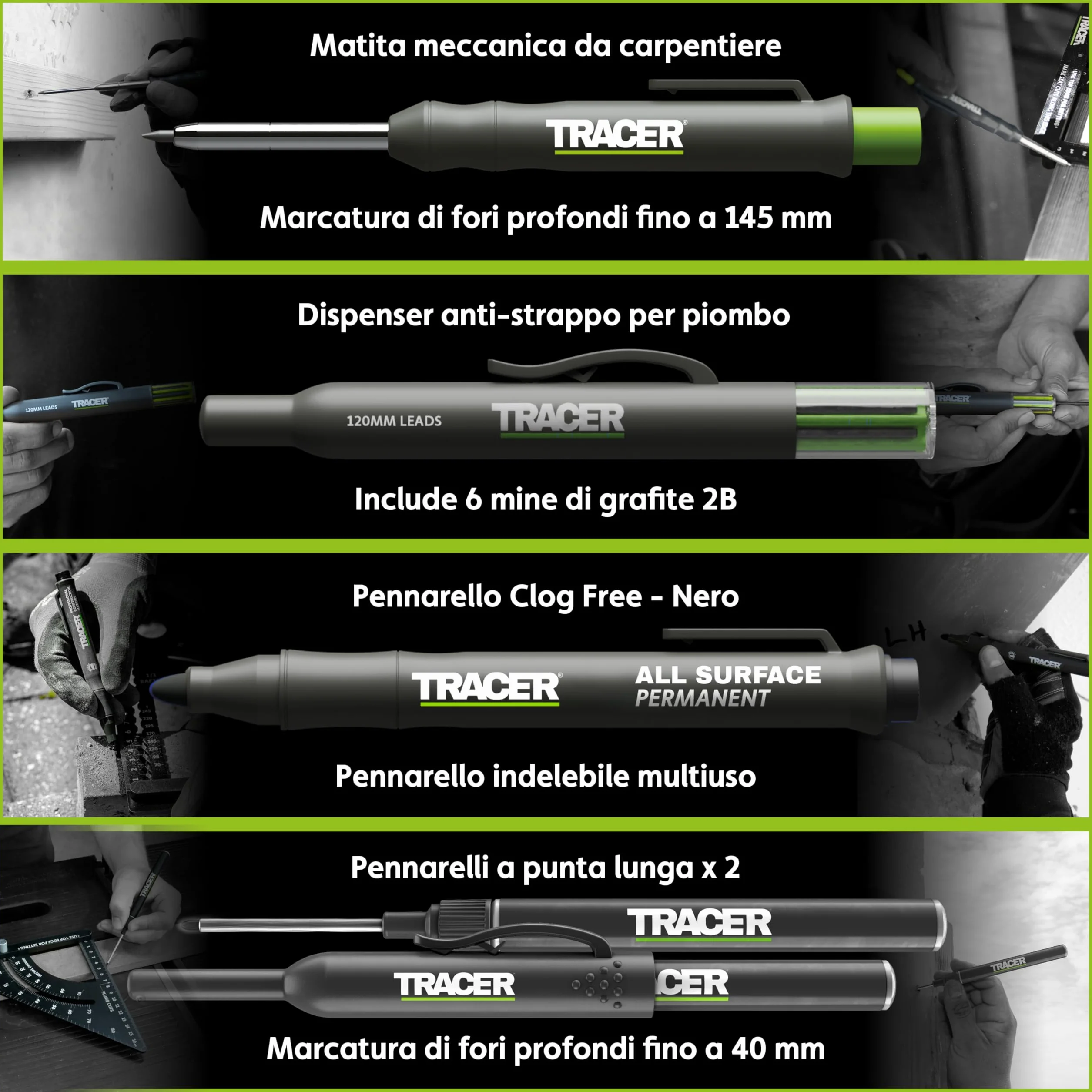 Tracer AMK5 Kit da 5 Pennarelli da Costruzione con Custodia Magnetica, Matita Carpentiere, Punta Lunga e Anti-Intasamento