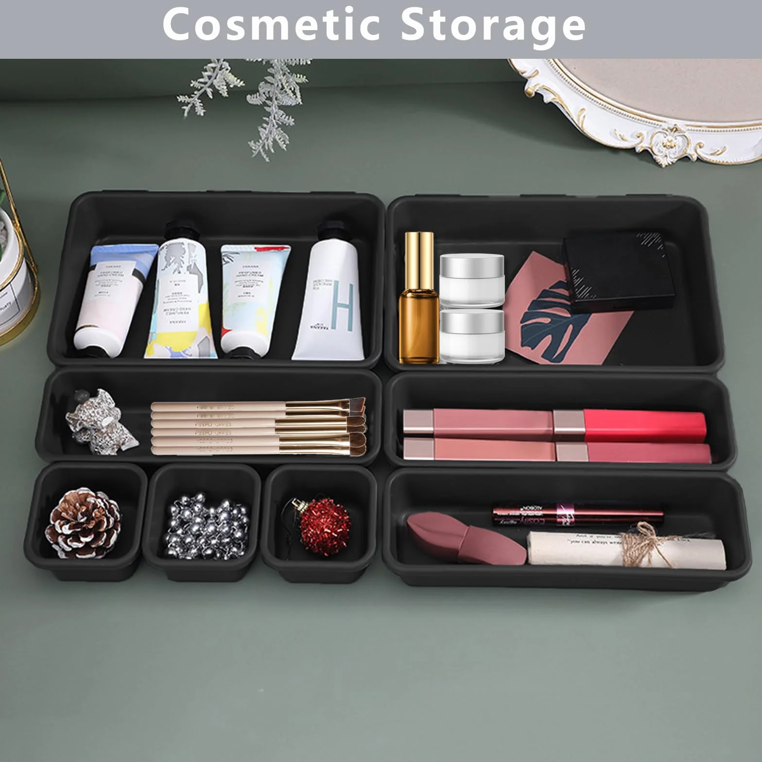 Organizer Cassetti Bagno 8 Pezzi, Divisori Contenitori in Plastica per Trucchi Stoviglie Cancelleria