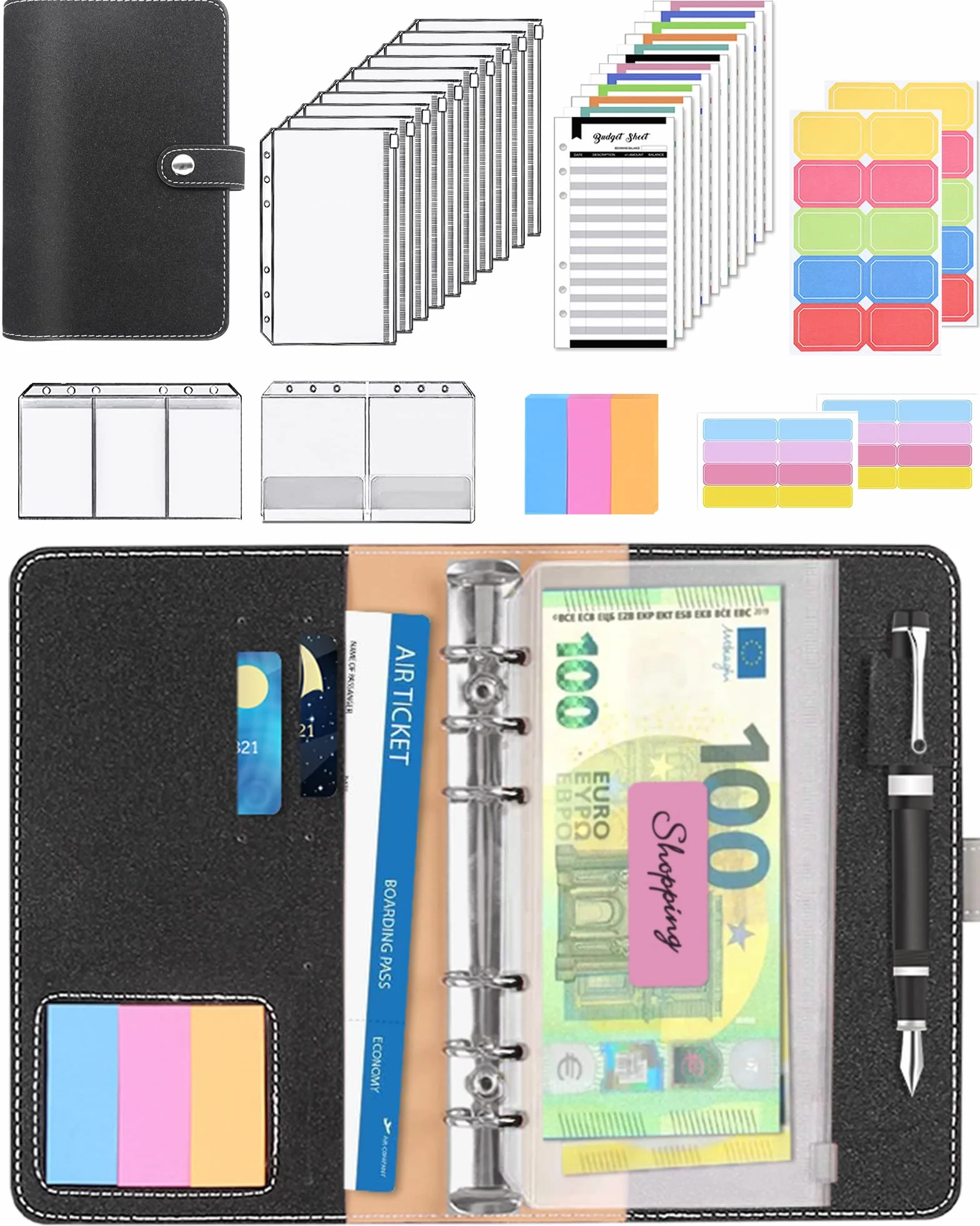 JEJA Agenda A6 con Buste Porta Soldi, Raccoglitore bilancio con Foglio Spese, Buste Trasparenti a Cerniera, Etichette Colorate (Nero)