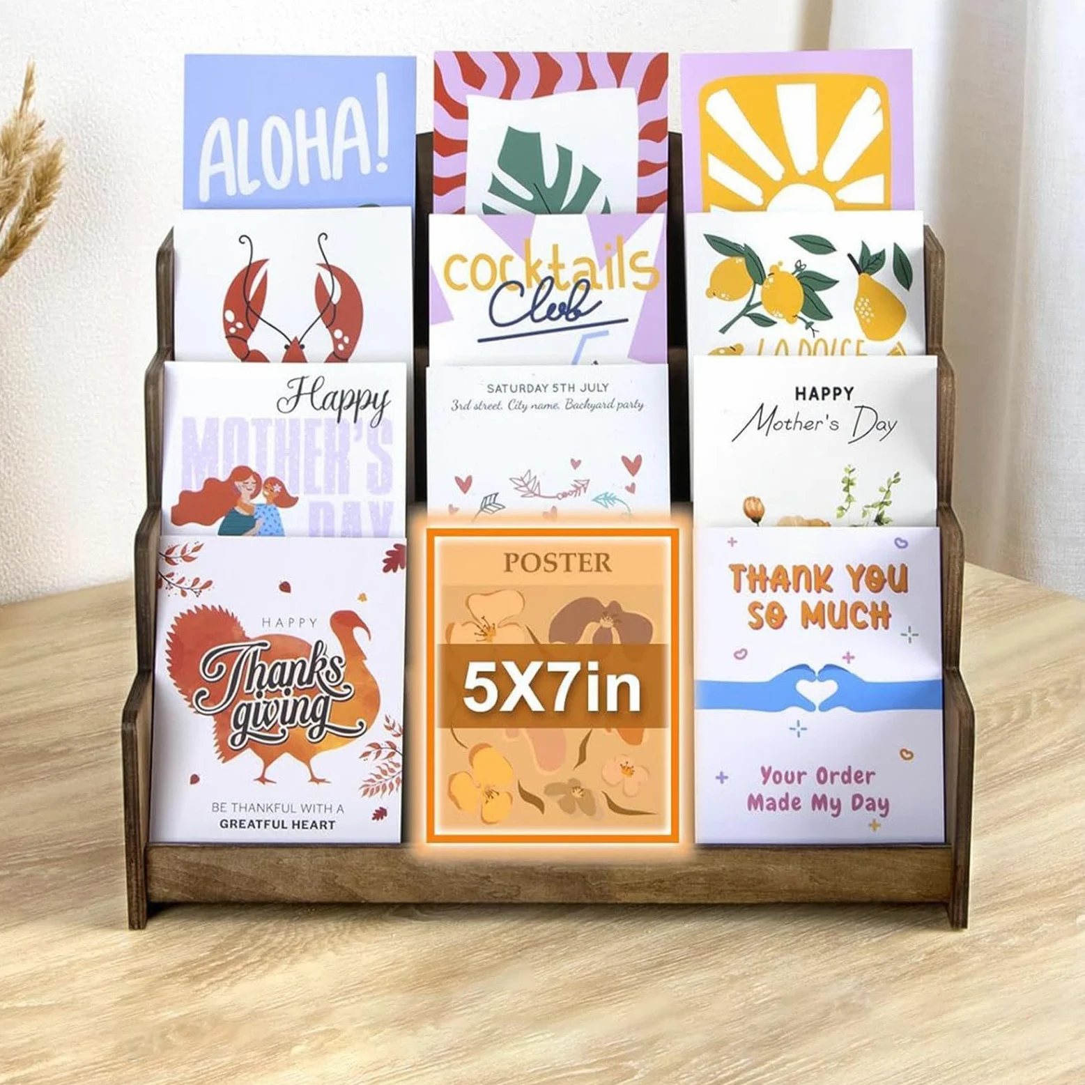 Espositore per carte collezionabili a 4 ripiani da bancone | Espositore per biglietti di auguri per cartelli, foto, feste, affari, cupcake, libri, dessert, profumi, tavolo da scrivania