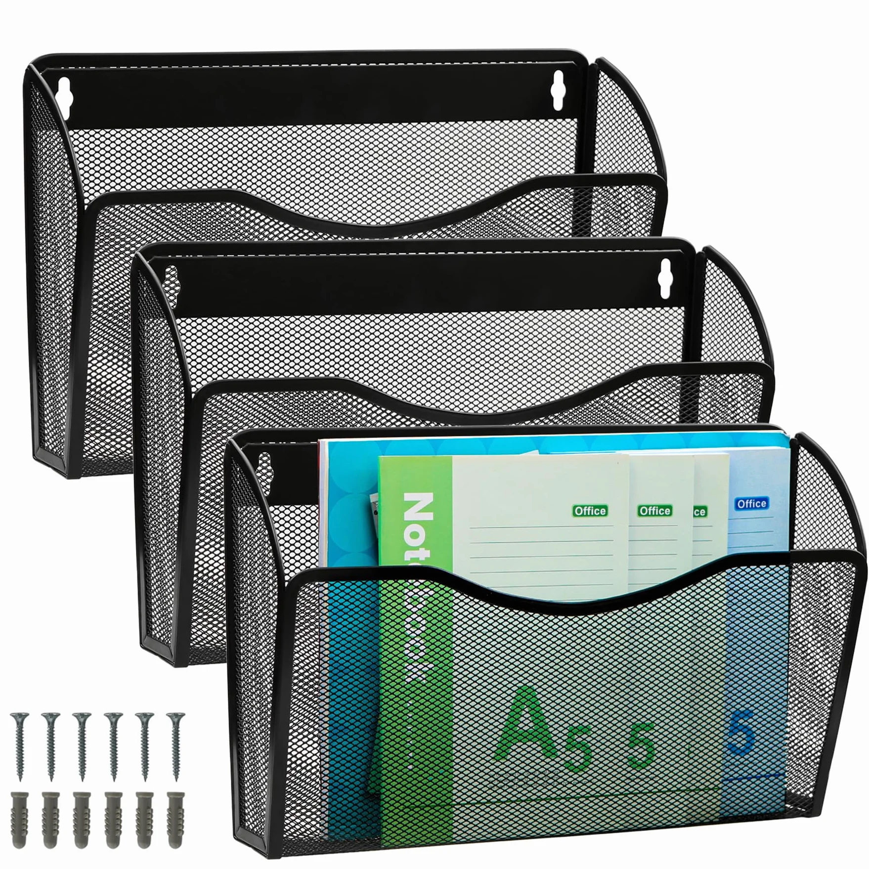ESYLIFE Organizer Documenti Parete, 3 Tasche Portariviste da Parete Metallo Scaffale per Documenti A4 Organizzatore Scrivania Ufficio Casa, Nero