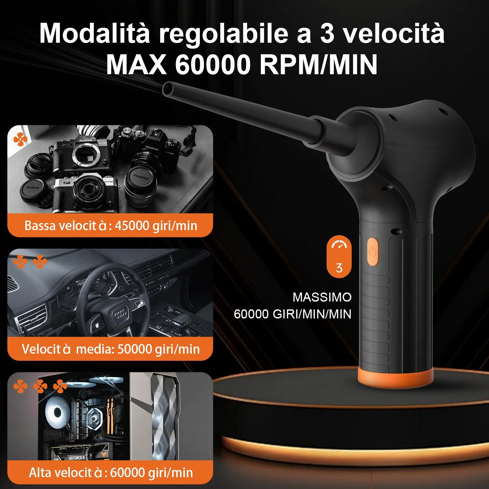 Spolverino ad aria compressa, pulitore soffiatore portatile a 3 Velocità per PC, Air Duster ricaricabile senza fili per laptop, tastiera, Alternativa Allo Bomboletta Aria Compressa Spray