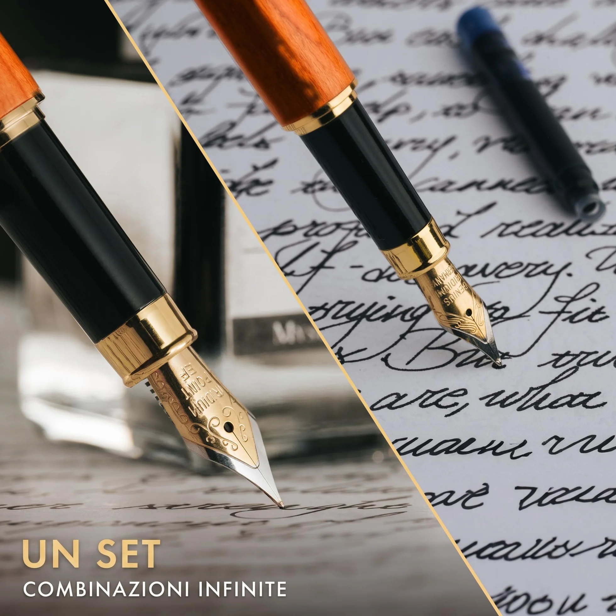 Wordsworth & Black's Set di Penne Stilografiche Lusso Legno di Bambù Pennino Medio Pennino Extra Fine Custodia Regalo Boccetta di Inchiostro Nero da 25ML 6 Cartucce di Inchiostro [Legno di Ciliegio]