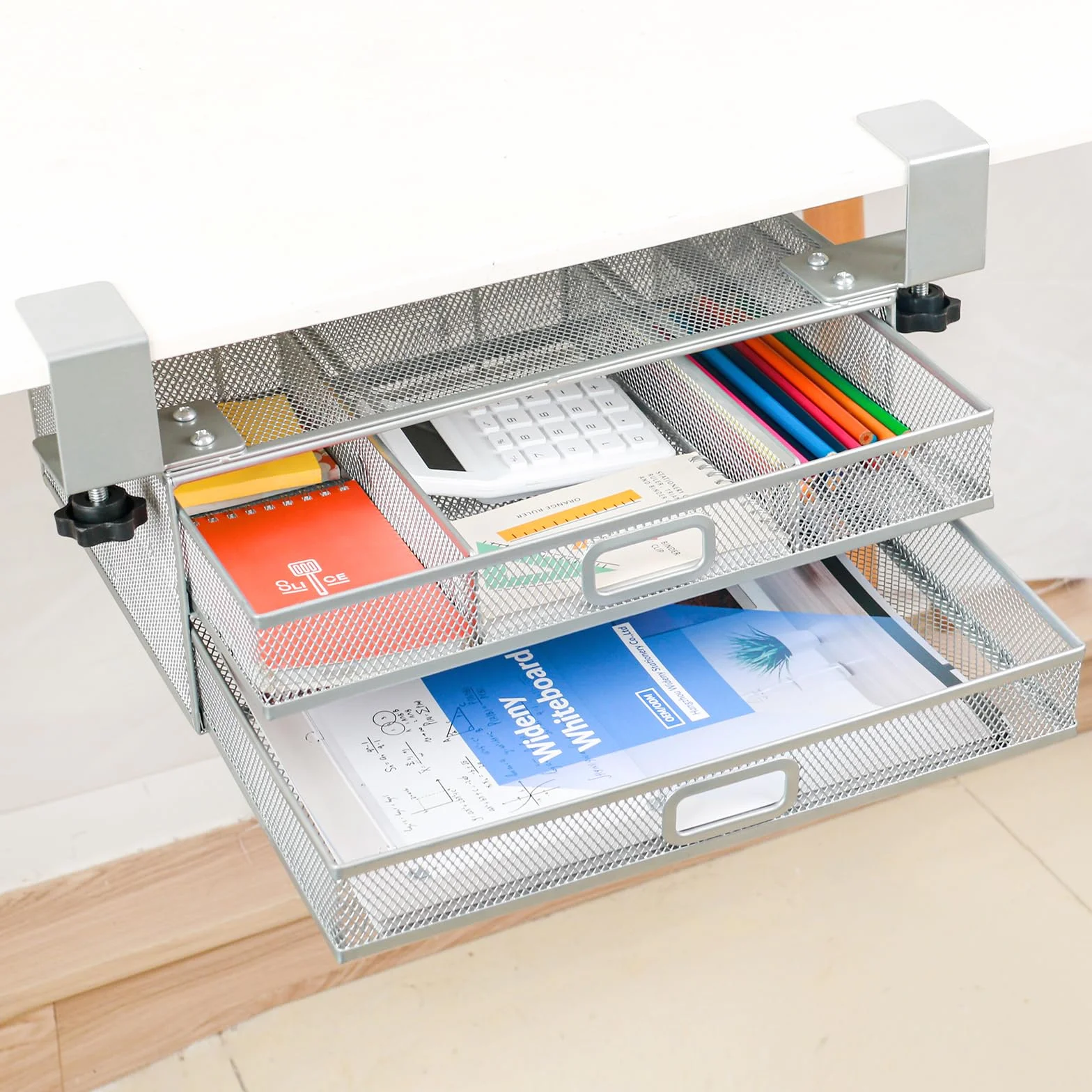 Cassetto sotto scrivania rinforzato 2 cassetti scorrevoli A4 organizer portaoggetti metallo