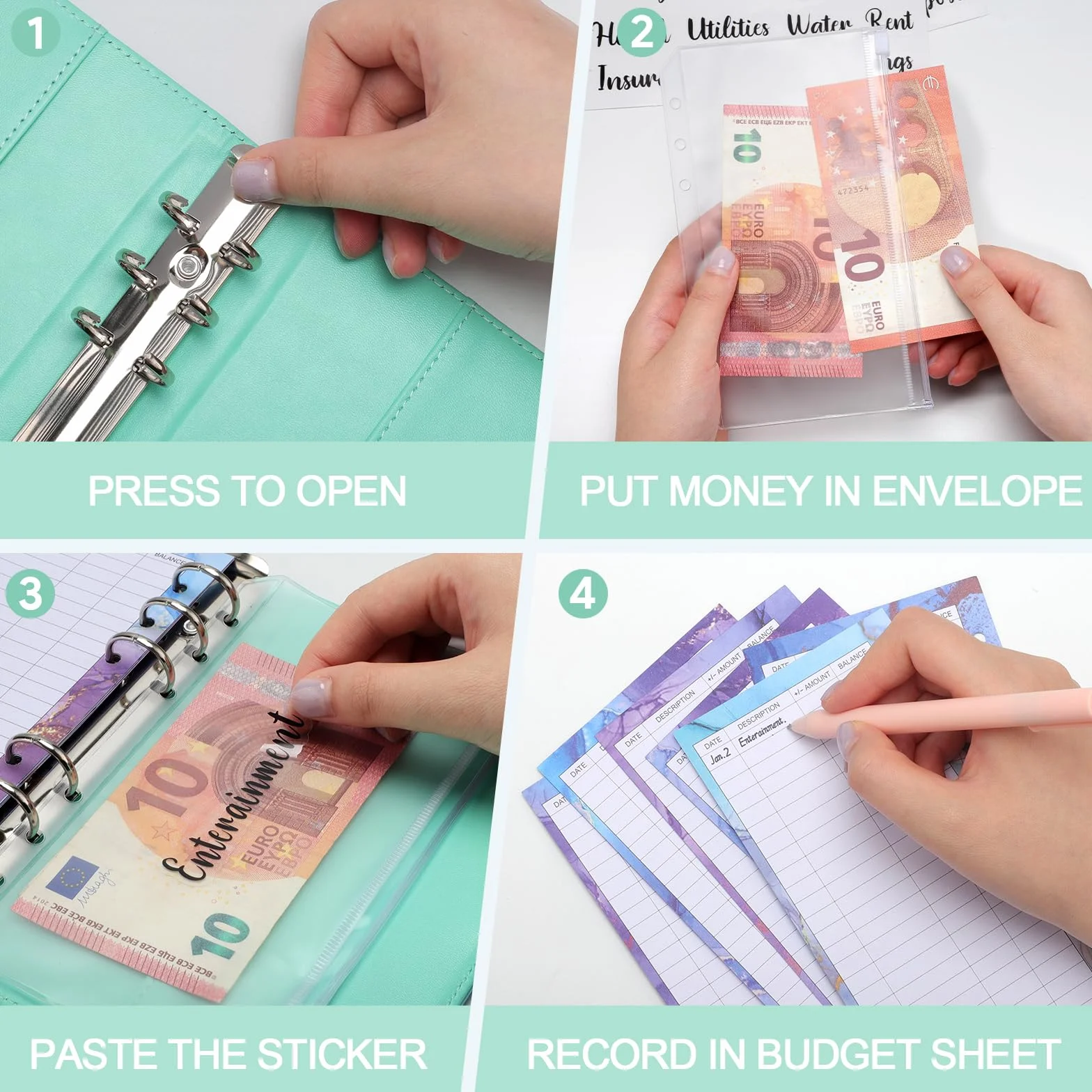 Raccoglitore ad Anelli A6 Budget Binder Pianificatore Risparmio Soldi con Buste e Fogli Bilancio Verde