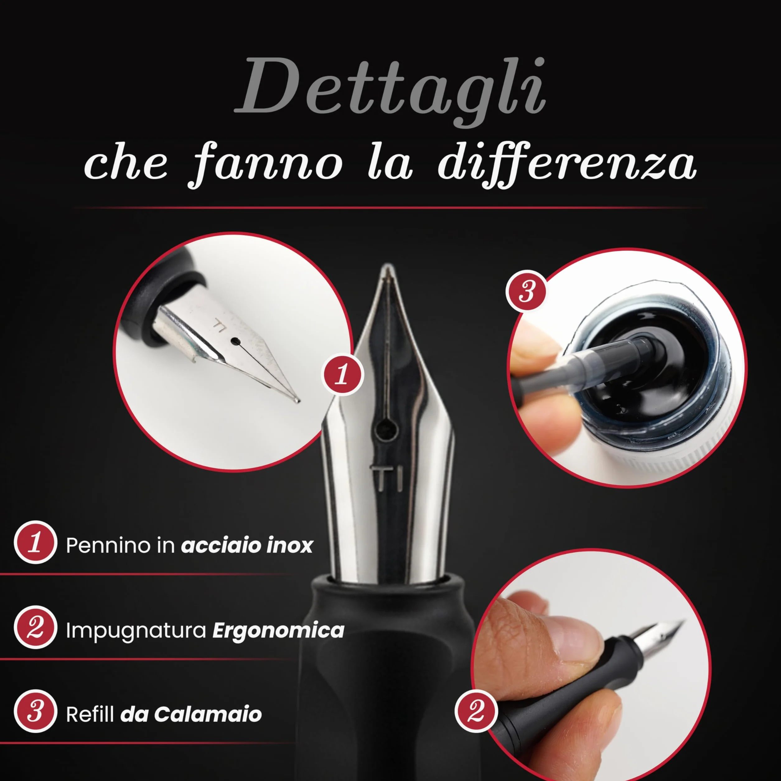 Penna Stilografica Elegante con Pennino in Acciaio Inox, Ricaricabile con 5 Cartucce Incluse