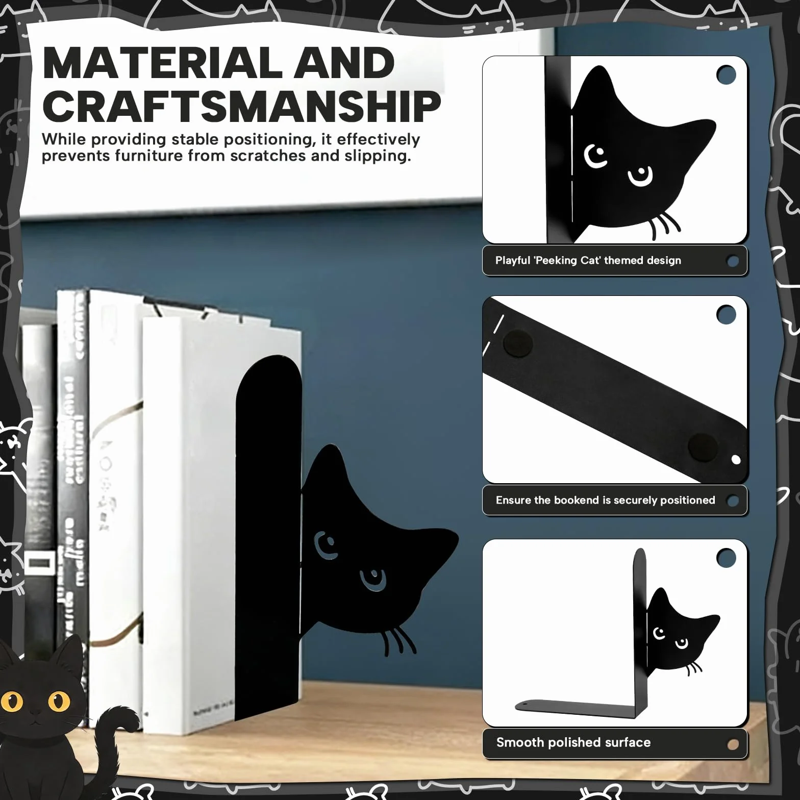 Fermalibri in Metallo con Gatto, 2 Pezzi, Divisori Libri con Segnalibro Magnetico, Reggilibri per Libreria