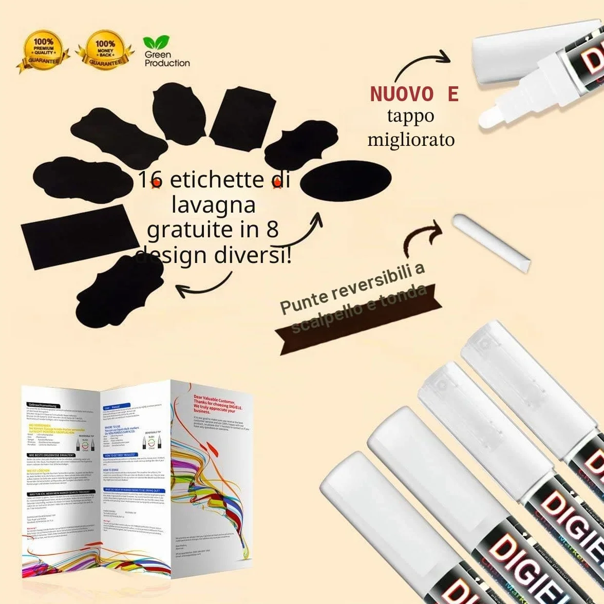 Pennarelli a gesso 3 mm + feltro liquido bianco 6 mm + 16 etichette, punta reversibile fine o smussato, cancellazione con panno