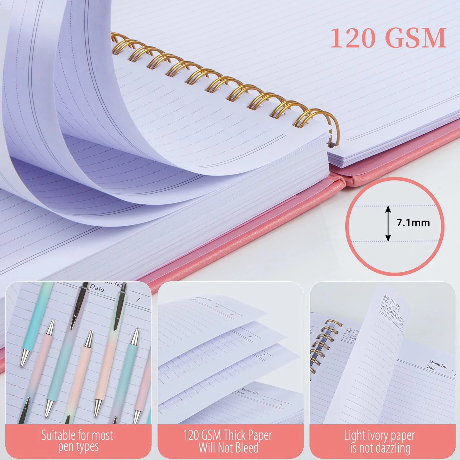 Diario a spirale a righe per lavoro, 300 pagine in pelle, 8,5 x 11 cm, riviste a righe universitarie per scrivere, con carta da 120 g/m², quaderni con copertina rigida per prendere appunti, perfetto