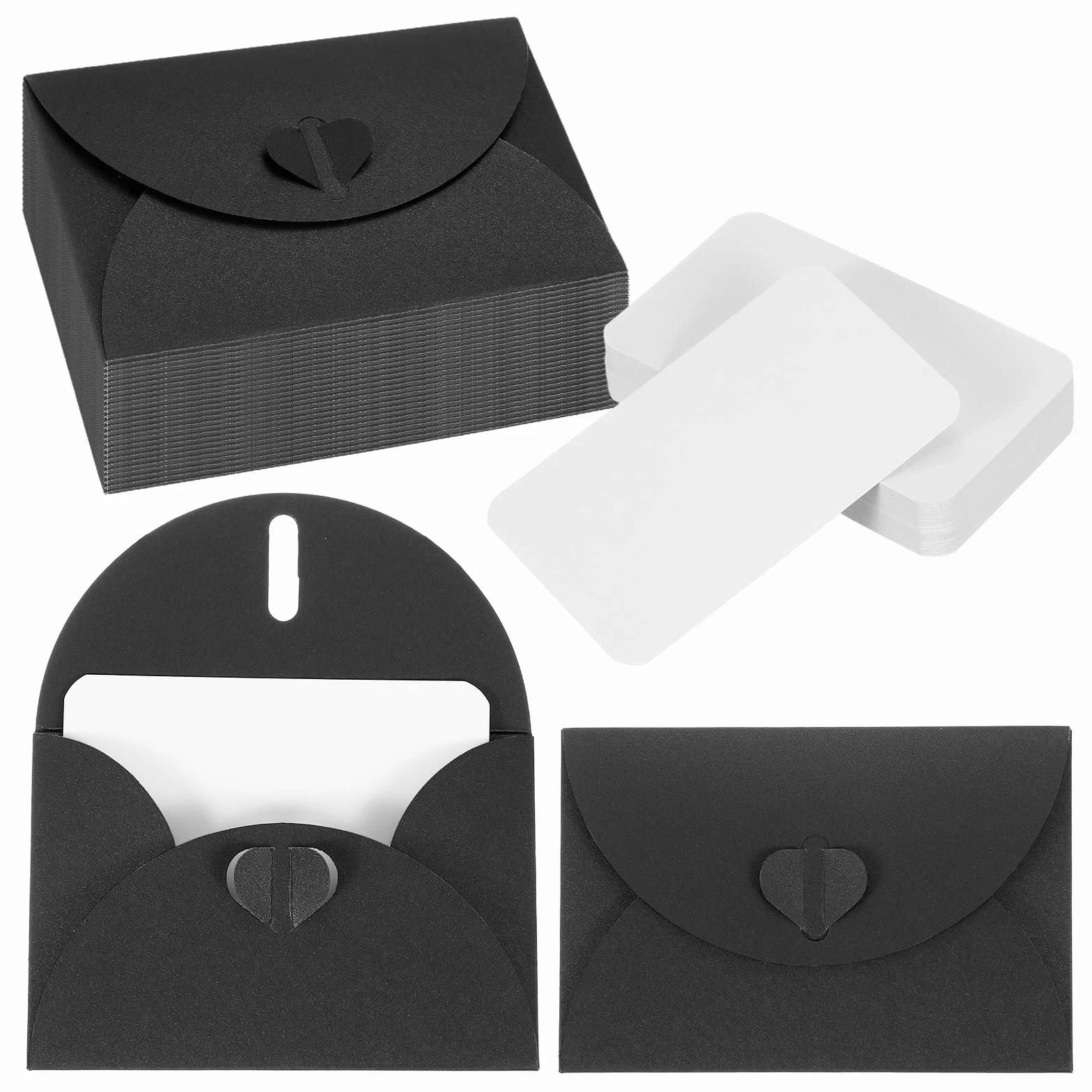 PATIKIL 50 Set Mini Buste Con Chiusura A Cuore 4.1x3" Biglietti Bianchi Con Buste Per Regali Inviti Matrimonio Laurea Vacanze Ringraziamento Natale Nero