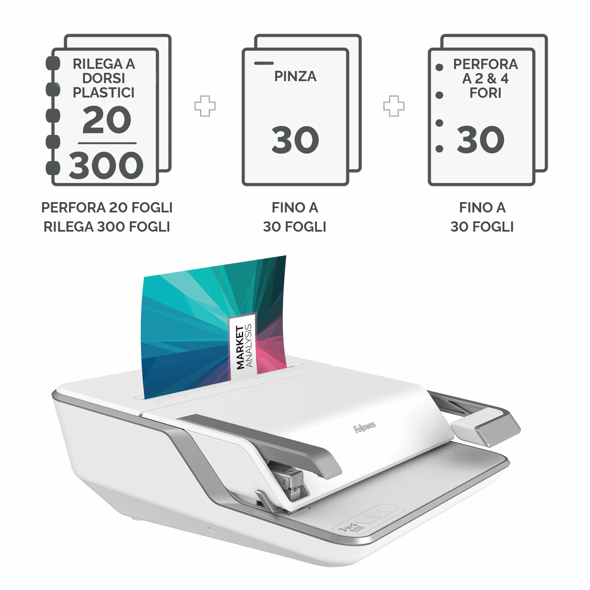 Fellowes Lyra rilegatrice 3-in-1 – Cassetto Porta-Dorsi – Perfora 20 Fogli – Rilega 300 Fogli – Con 1000 Punti Metallici – Ideale per casa o piccoli uffici