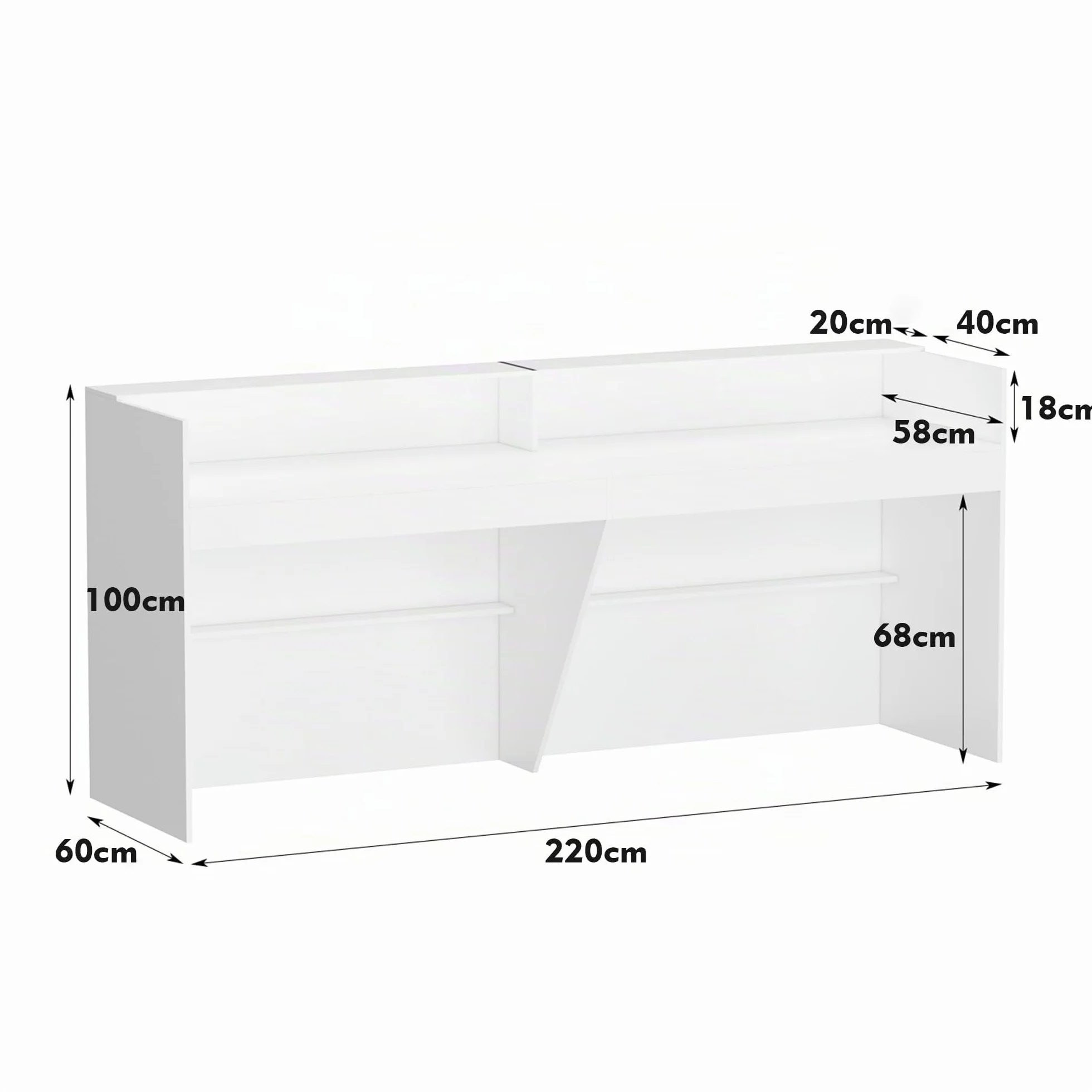 Banco di Ricevimento Con Grande Superficie di Lavoro, Bancone Della Reception, Tavolo da Ufficio Con Protezione per la Privacy, Bianco, 220 x 60 x 100 cm