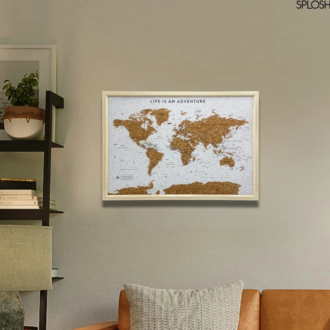 Splosh Medium World Maps. Pin Board Wooden Map. Travel Map Cork Board Map Pin Board. Wooden Board World Map, Corkboard Map Travel Gift, World Map Pin Board. (White)
