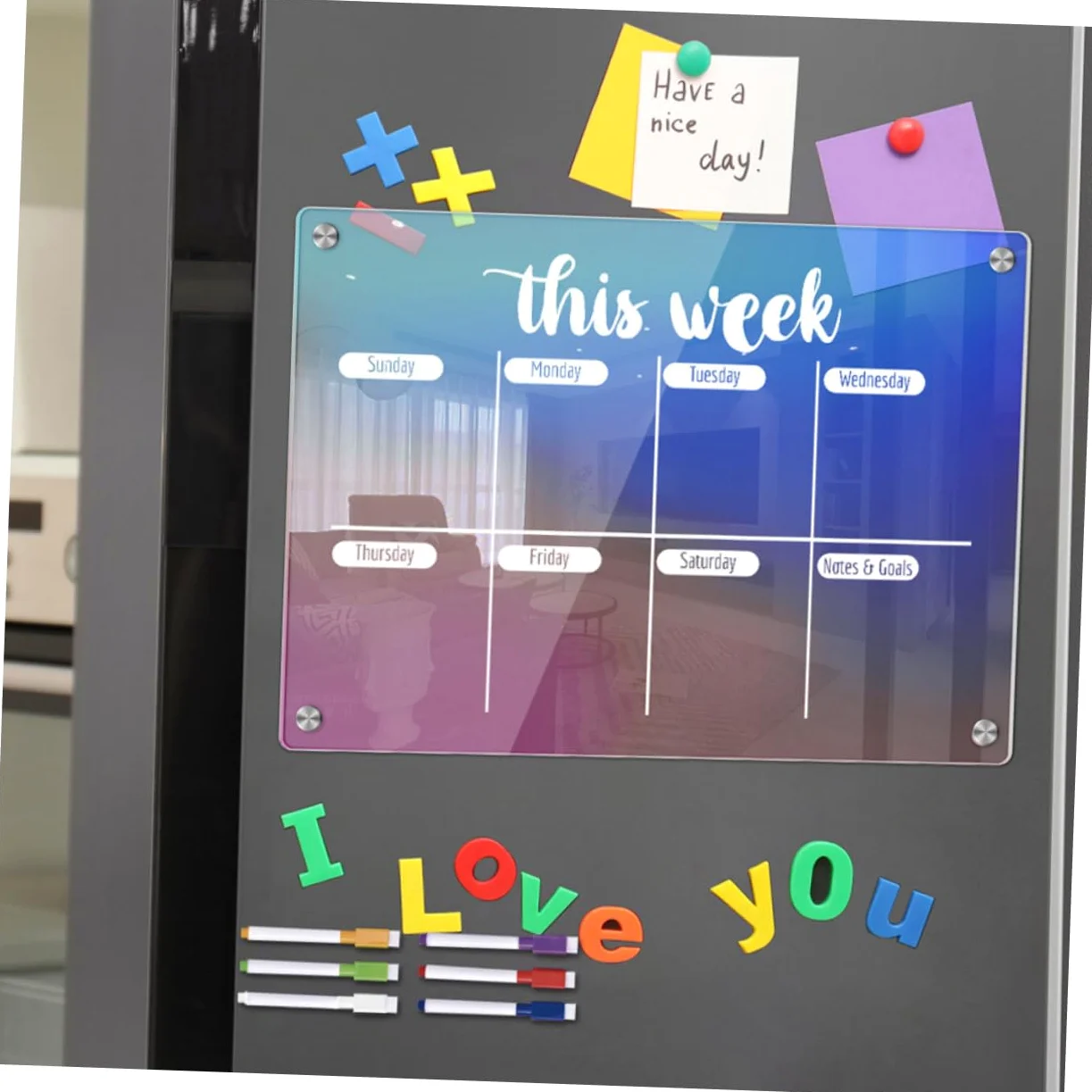 Planning Board Magnetico Settimanale in Acrilico, Set 7 Pezzi | Promemoria Giornalieri, Aderisce al Frigorifero, Superficie Cancellabile a Secco, Non Lascia Residui