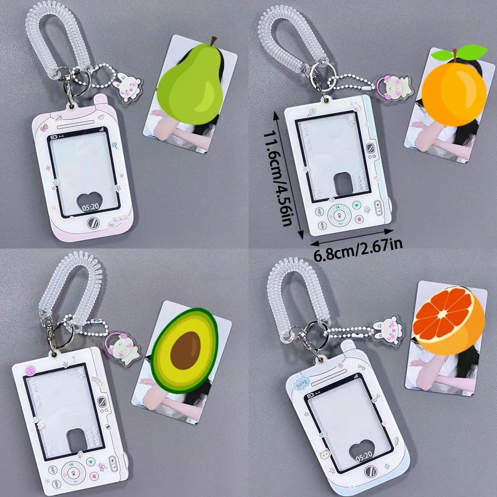 4 porta badge per foto, 7,6 cm, porta carte d'identità, portachiavi protettivi, grazioso portachiavi con ciondolo decorativo a forma di cartone animato, con spirale da polso, Rosa, blu, verde