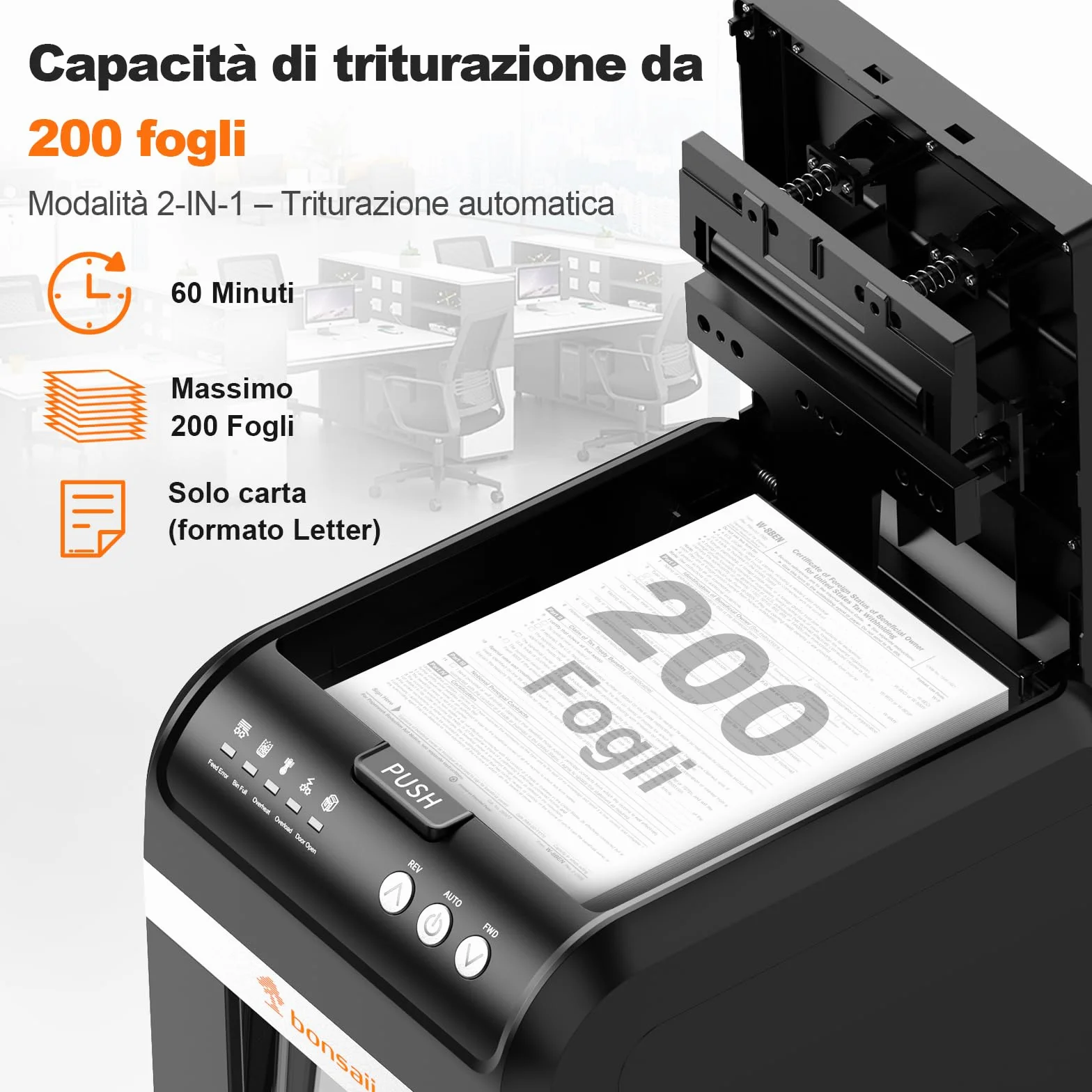 Bonsaii Distruggi documenti con Alimentazione Automatica da 200 Fogli, 60 Minuti di Funzionamento Continuo, Taglio a Frammento P-4, Cestino da 31L, Silenzioso e Ideale per Ufficio, C283-A
