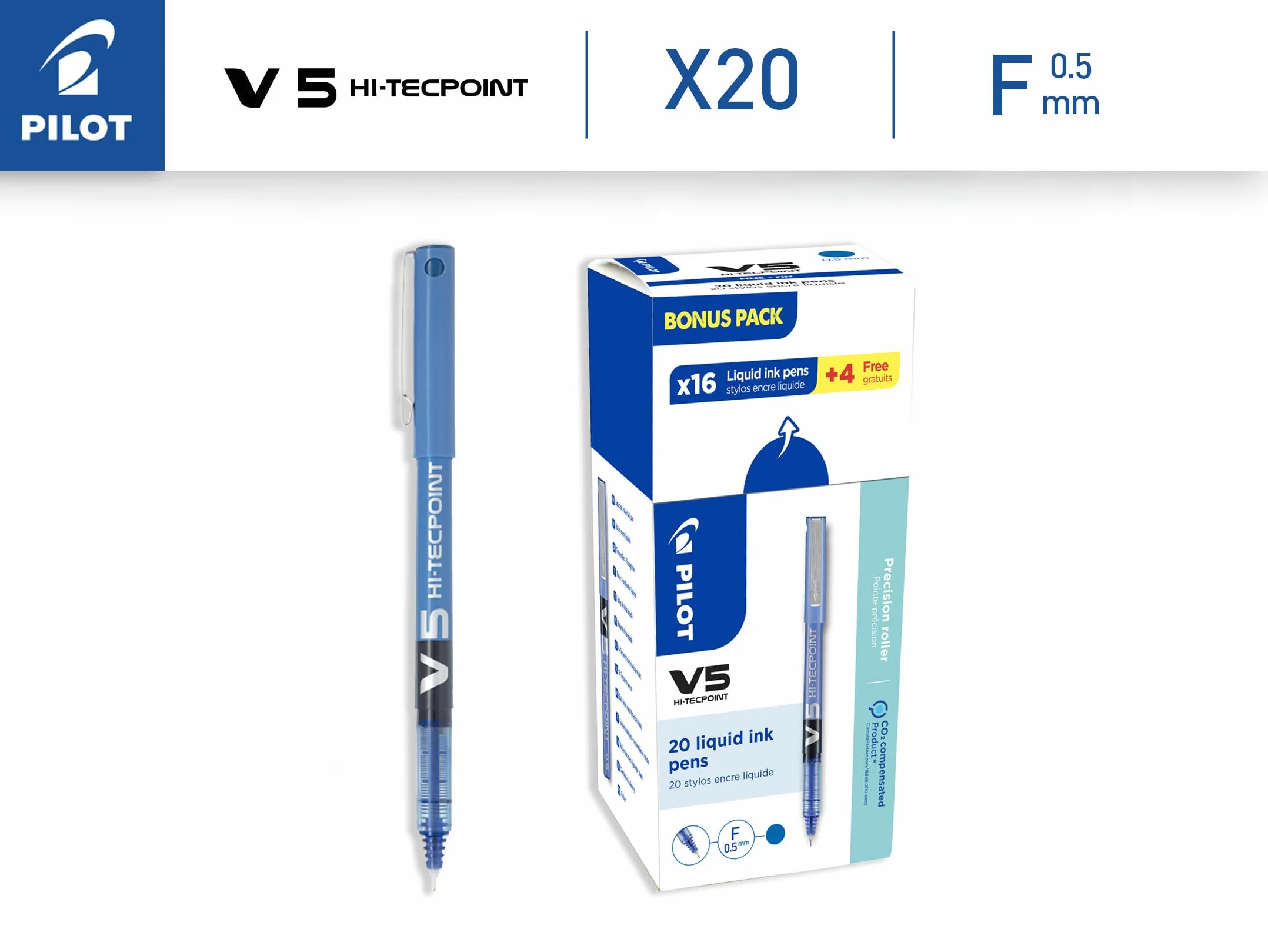 PILOT - Set di 20 V5 - Penne Roller con Inchiostro Liquido - Scrittura Fluida e Precisa - Asciugatura Rapida - Senza Sbavature - Blu - Punta Fine 0,5 mm