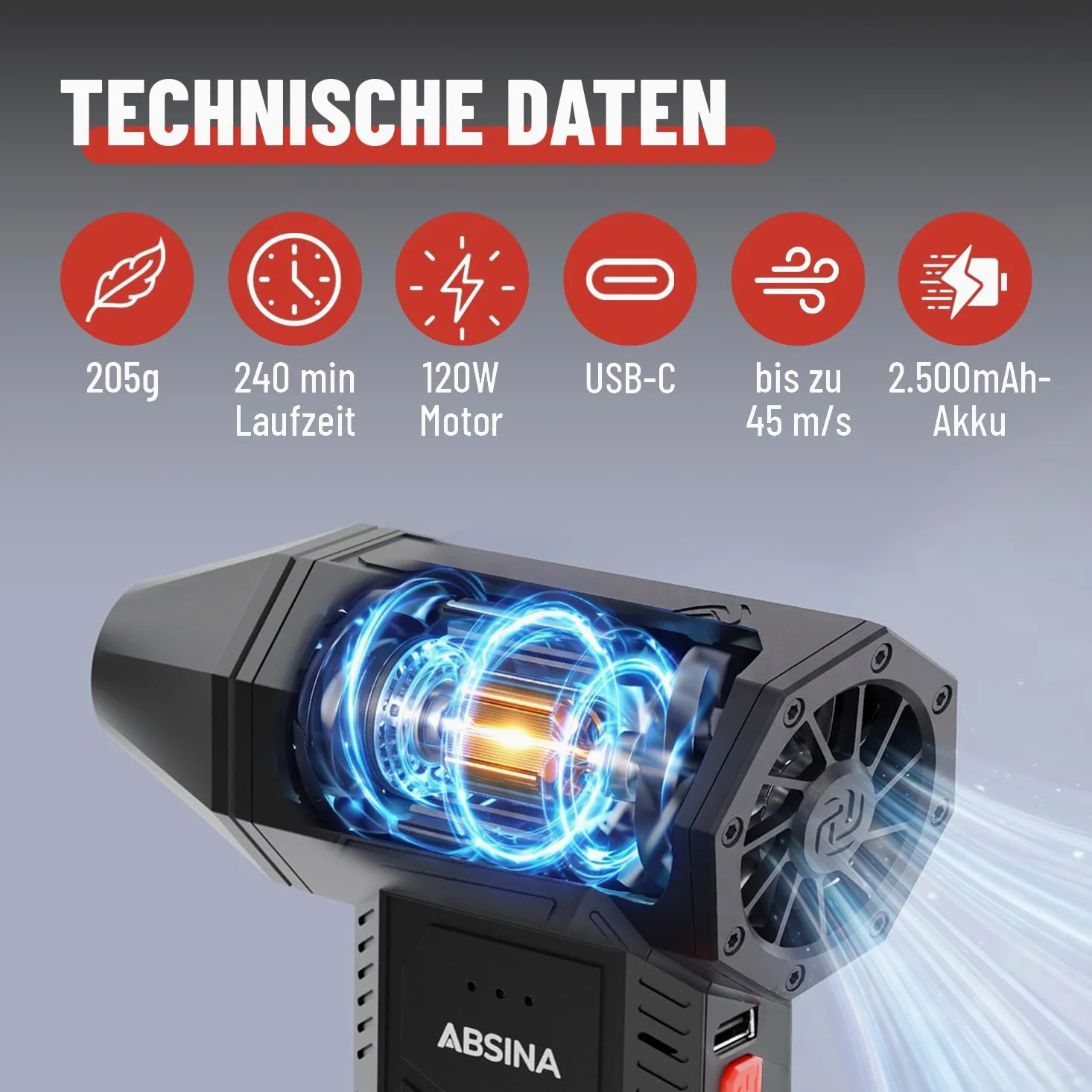ABSINA Soffiatore a batteria potente 110.000 giri/min 3 livelli | pistola aria compressa ricaricabile con 4 ugelli - per PC, casa, auto e altro - soffiatore portatile
