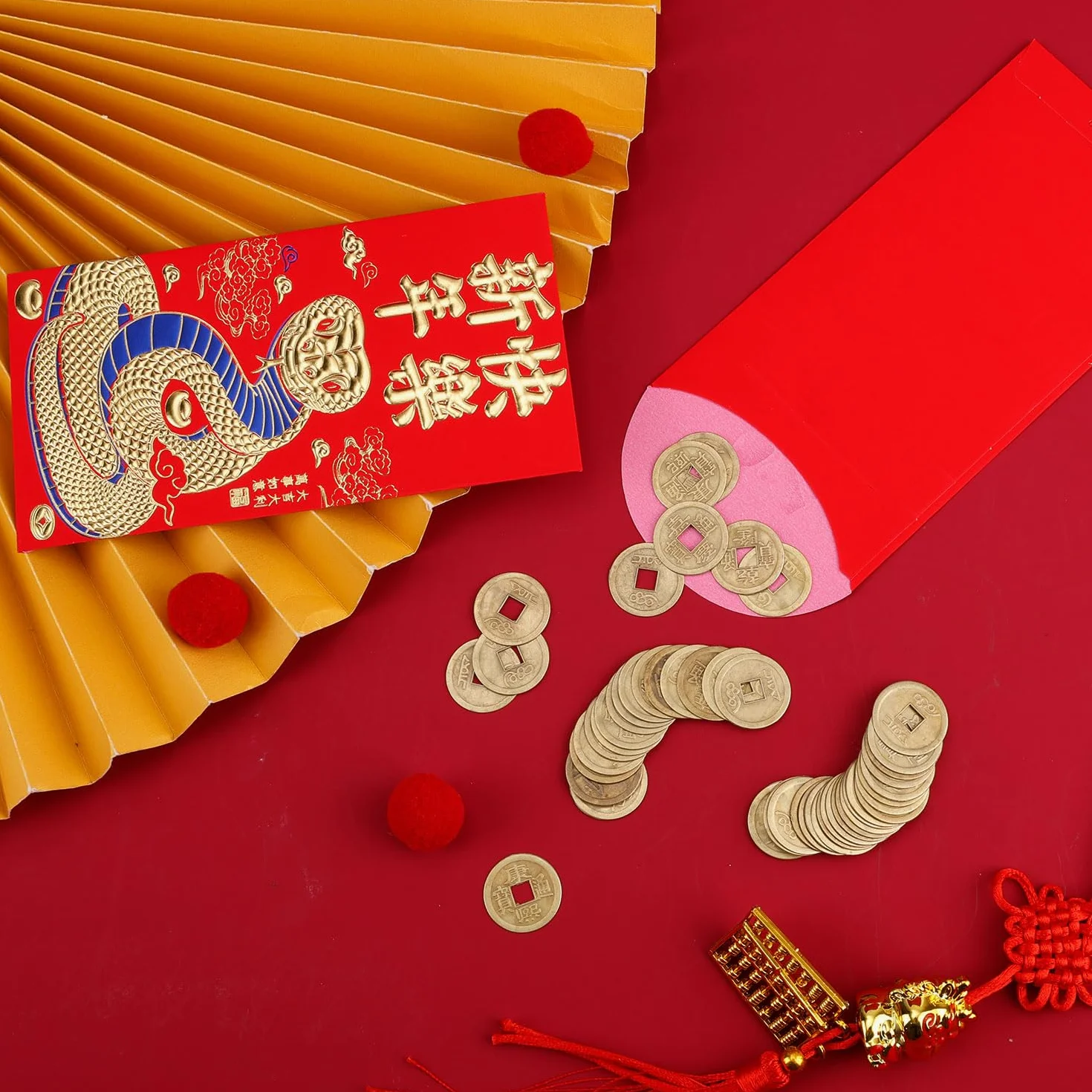Buste Rosse per Capodanno Cinese 2025 con 50 Monete Feng Shui 16,8x9cm Hong Bao Serpente 6 Motivi Rilievo Dorati