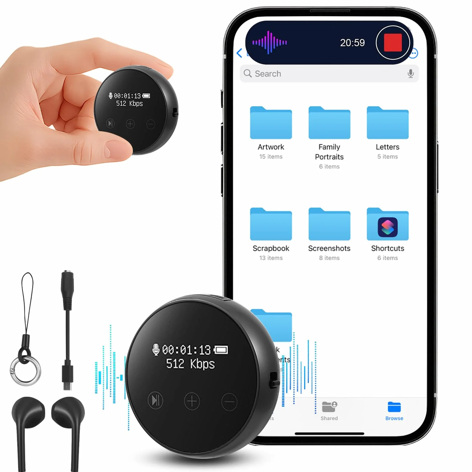 Dittafono digitale, 64 GB, 3072 Kbps, attivazione vocale, riduzione del rumore, ricarica USB, magnetico