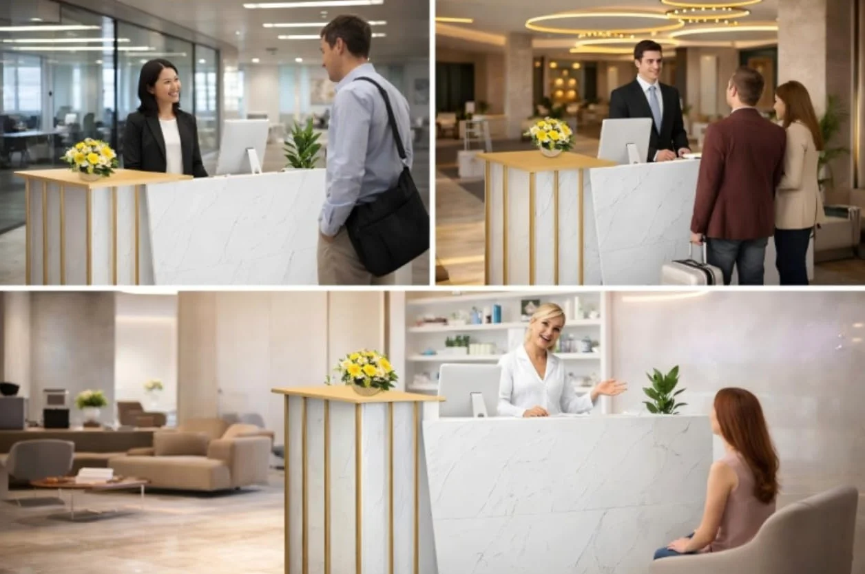 Bancone Reception Ufficio con Cassetti Serratura e Ripiani, Banco Cassa Moderno in Legno per Salone, Negozio, Hotel, Supermercato o Centro Estetico