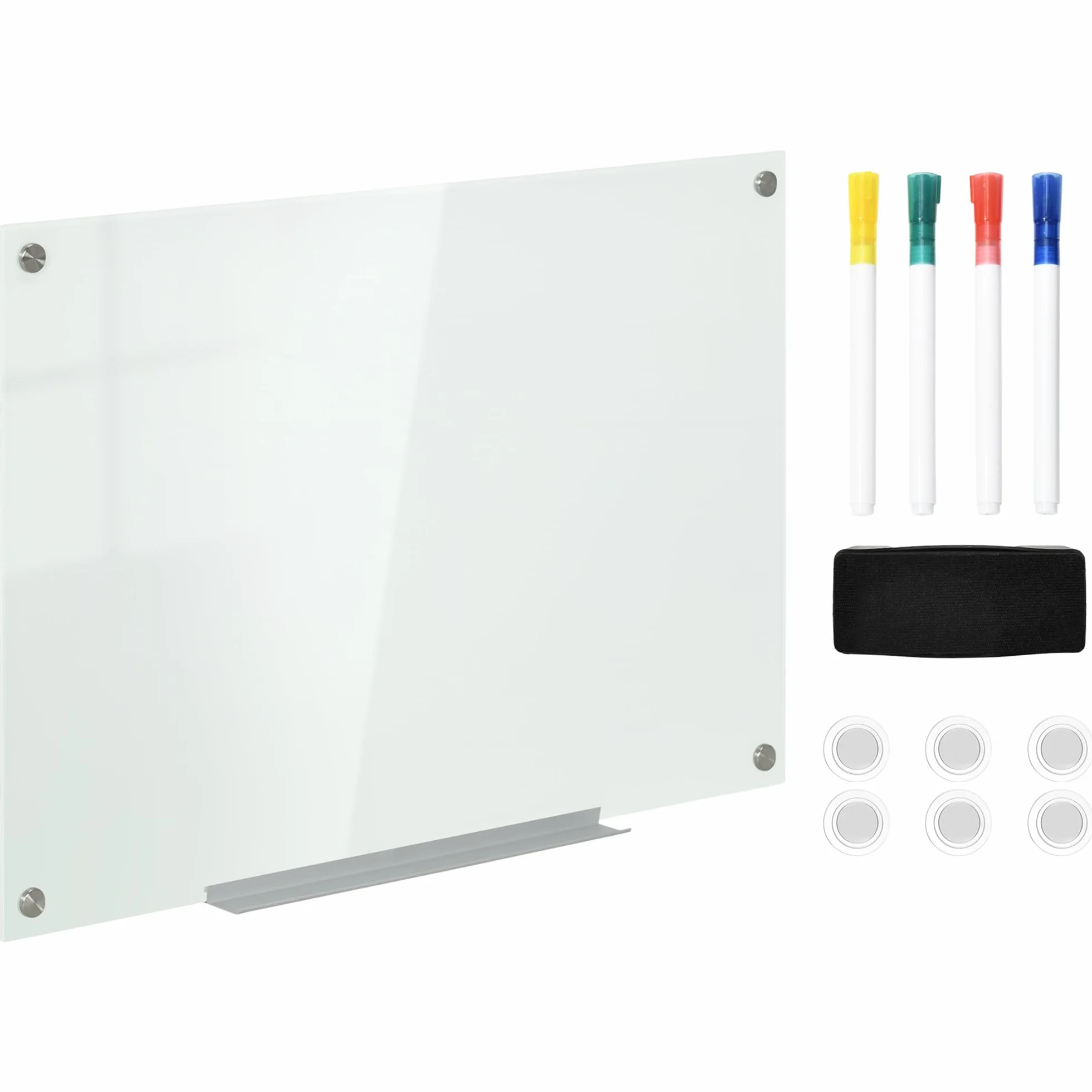 Vinsetto Lavagna Magnetica Cancellabile in Vetro da Parete con 4 Pennarelli Colorati e Cancellino, Lavagna Magnetica in Alluminio per Ufficio Casa Scuola Ristorante, 90x0.4x60 cm Bianco