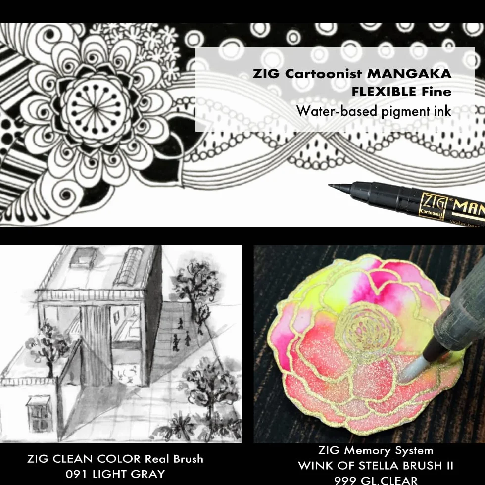 Kuretake Zig Illustration Basic Set No.3, 5 Variety Pens, Fude Brush Pens, Glitter Pen, for Inktober, Manga, Drawing