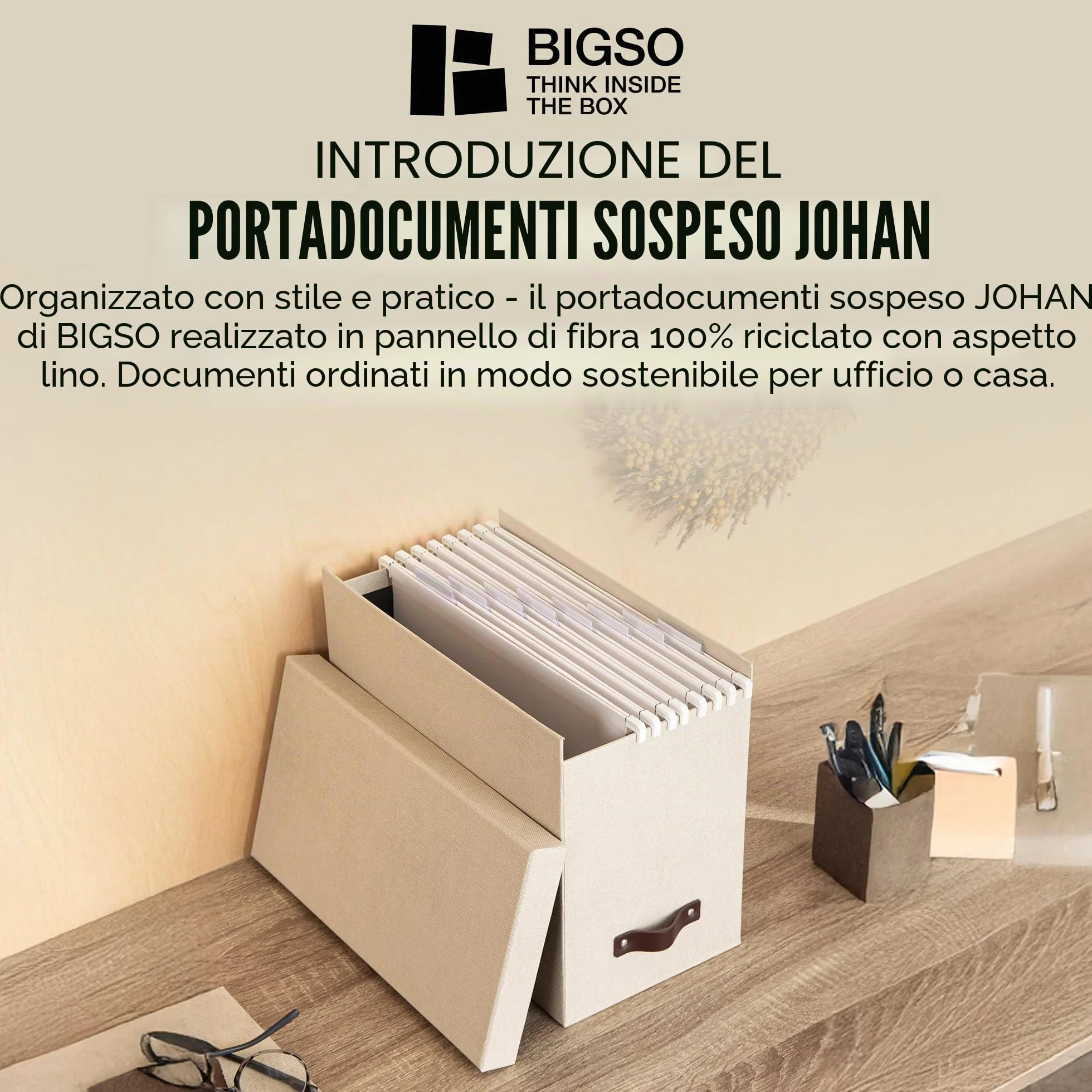 Bigso Box of Sweden Contenitore per documenti con coperchio - Raccoglitori da scrivania con 8 cartelle sospese - Raccoglitori documenti in fibra di legno e carta effetto lino - beige
