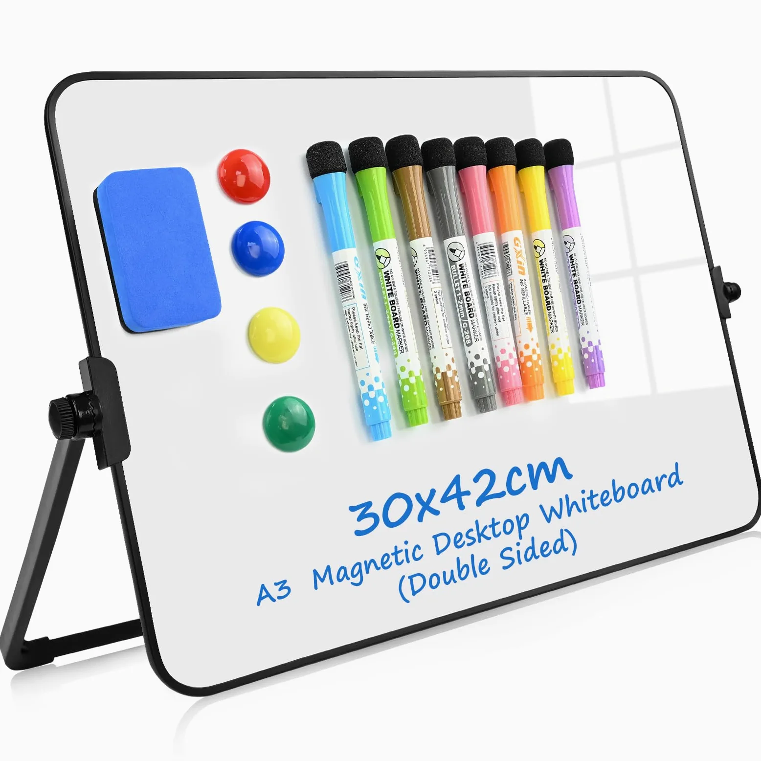Lavagna bianca magnetica da scrivania, formato A3 (30 x 42 cm), doppia faccia cancellabile a secco, con supporto, piccola lavagna bianca in vetro per promemoria, calcoli, brainstorming, etichette di
