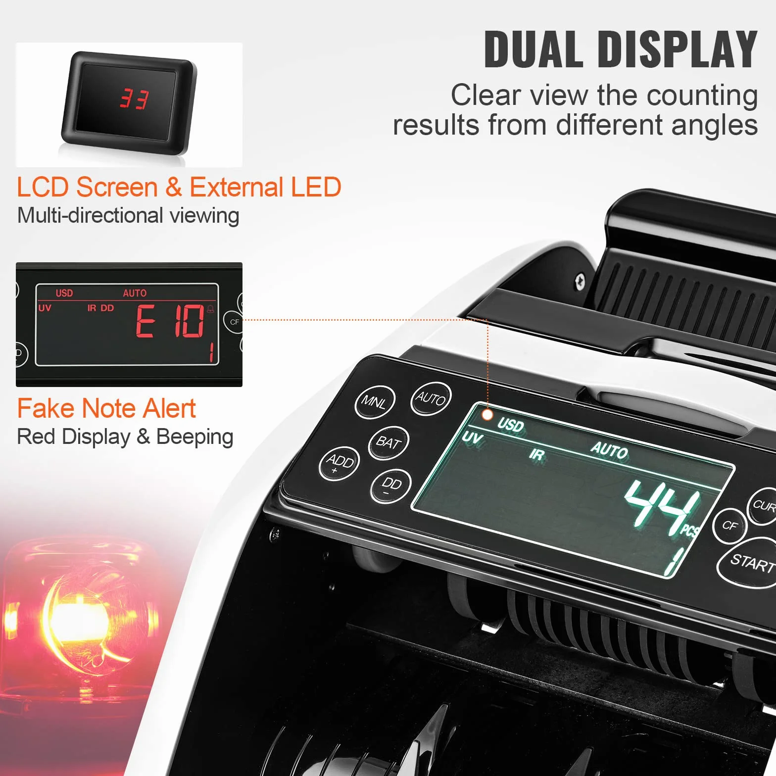 VEVOR Contasoldi, Contabanconote con rilevamento di banconote contraffatte UV, MG, IR e DD, Conta contanti USD ed EUR con ampio display LCD e display esterno per ufficio imprese
