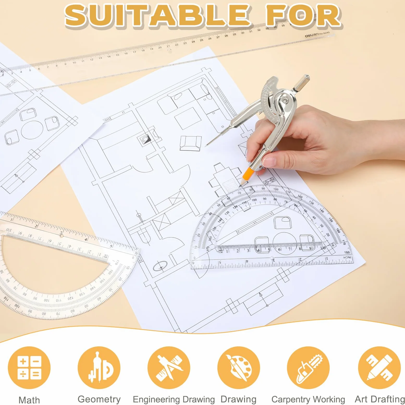 Set di 50 strumenti per geometria, compasso matematico per geometria e goniometro da 15,2 cm, include bussola in metallo con matita e goniometro in plastica trasparente, per studenti, aule, ufficio