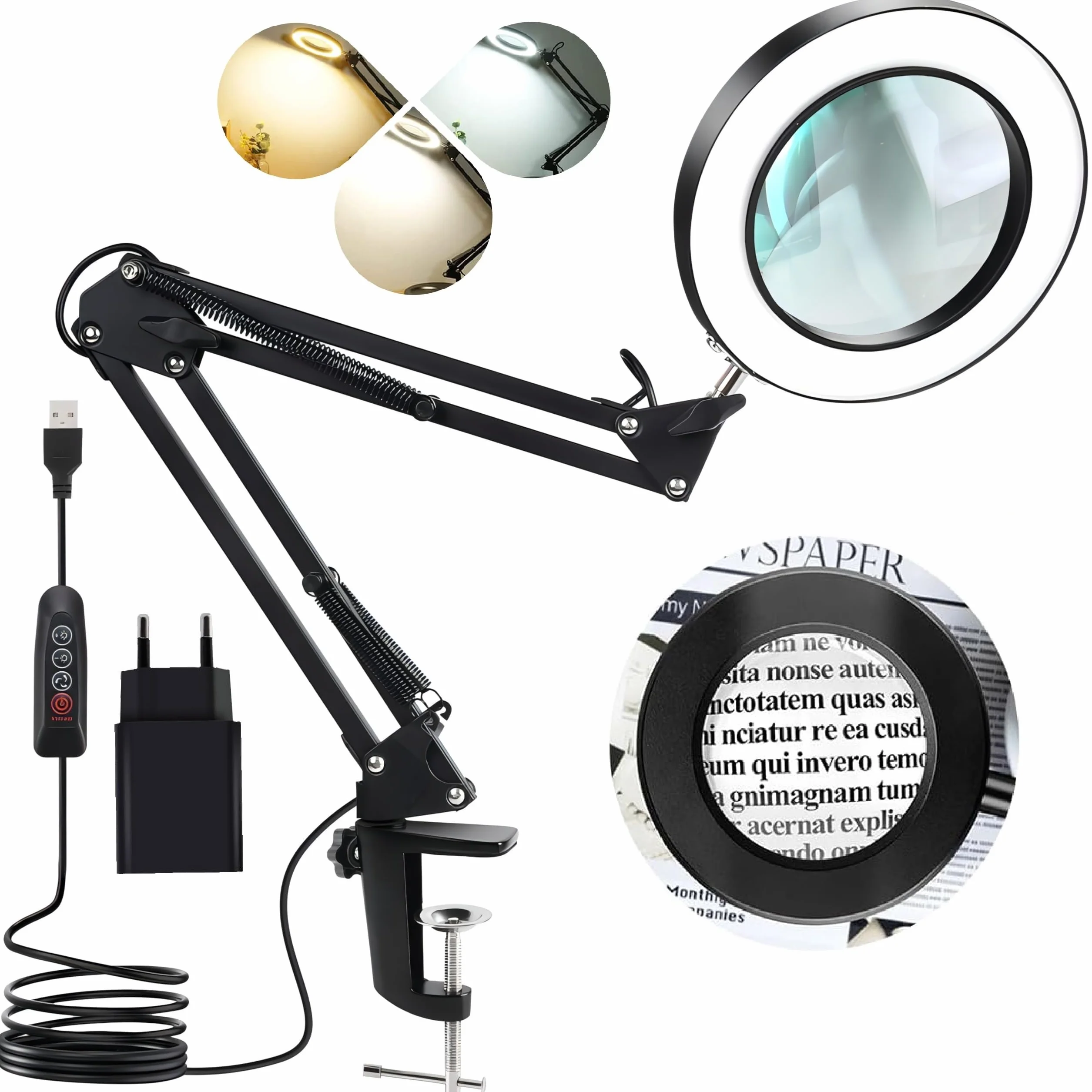 Lampada con Lente di Ingrandimento Professionale 10x con Luce, Braccio Orientabile, Morsetto, 3 Modalità Colore, 10 Luminosità