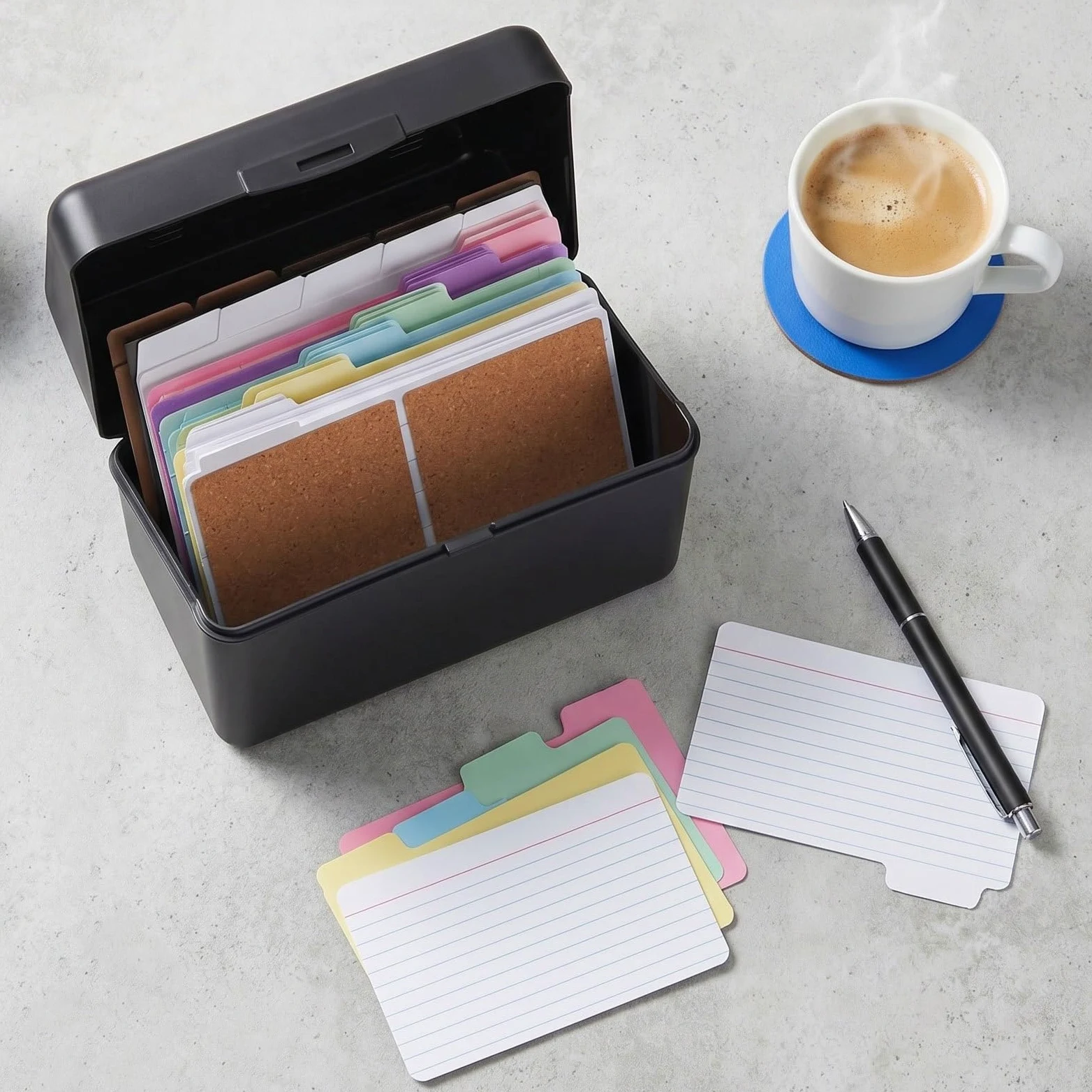 2 set di kit organizer per schede indice, divisori neri, schede a righe colorate, anelli per raccoglitore in metallo ed etichette in sughero per scuola, ufficio, studio, ricette