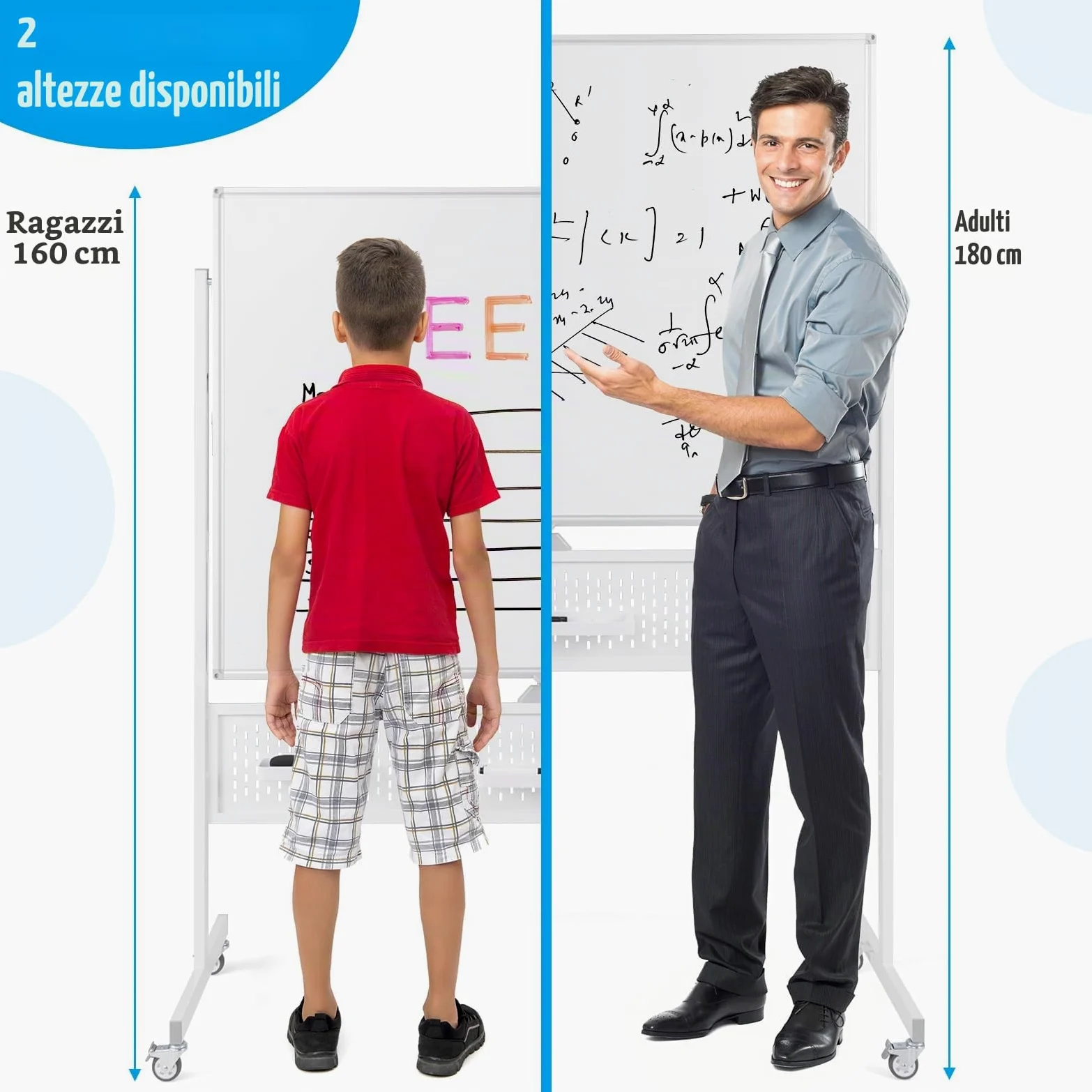 GIANTEX Lavagna bianca mobile double face, 120 x 90 cm, lavagna magnetica su gambe regolabile in 2 altezza, telaio in metallo, pannello perforato, 12 magneti, lavagna bianca rotella, bianco