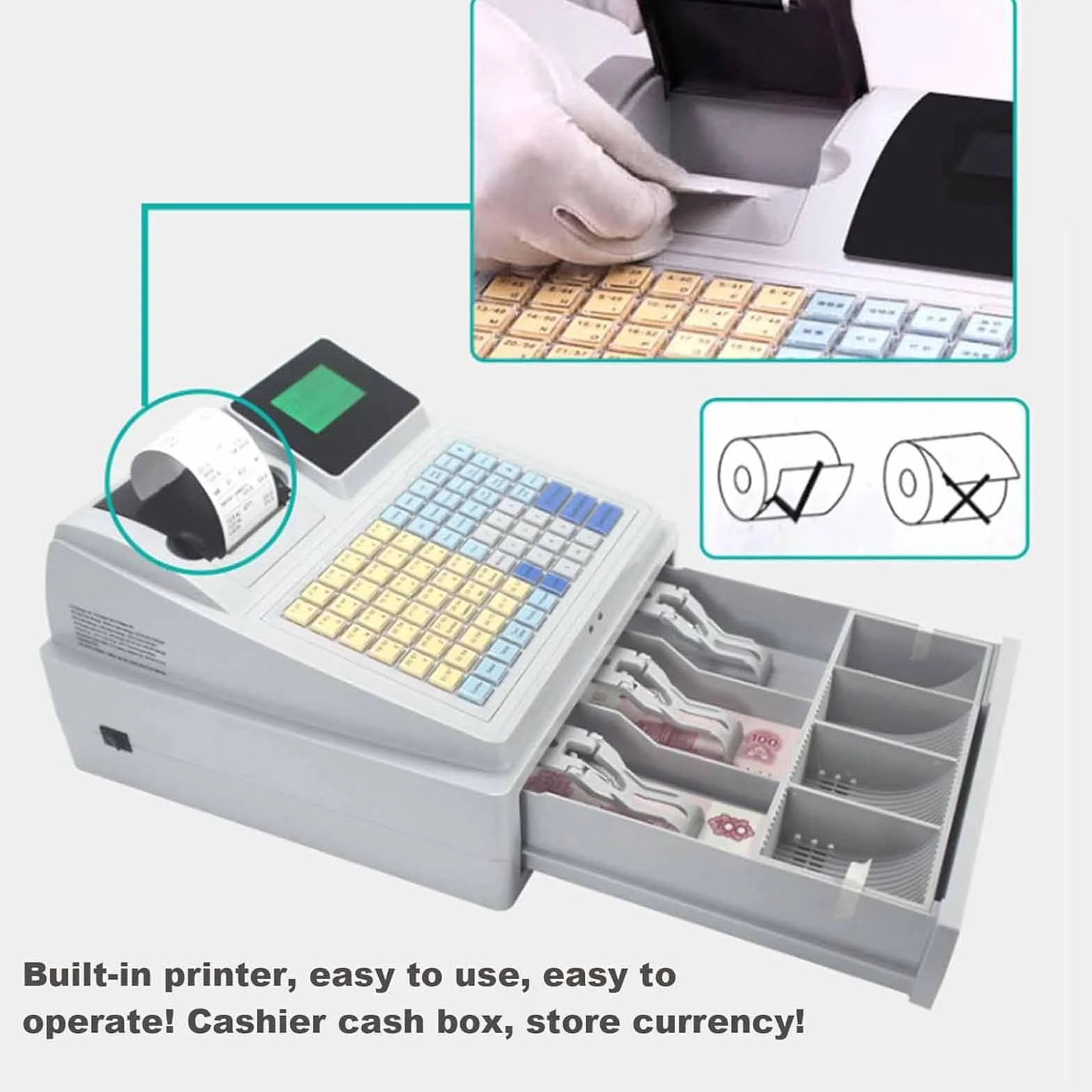 Registratore di cassa a 81 tasti, registratore di cassa elettronico per piccole imprese, registratore di cassa commerciale a 8 LED digitali con cassetto, uso per negozi/ristoranti