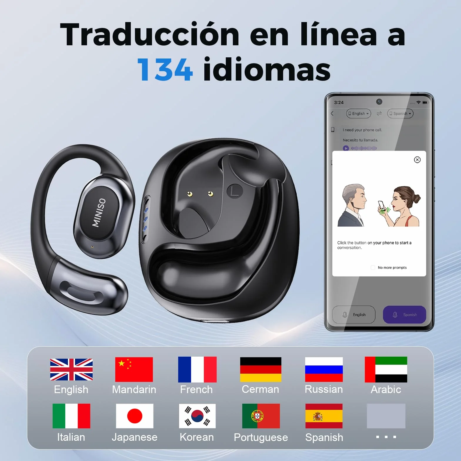 MINISO MS156 AI - Traduttore auricolare 3 in 1 in tempo reale con funzione di traduzione AI, 134 lingue traduttori auricolari per lavoro, viaggi e studio